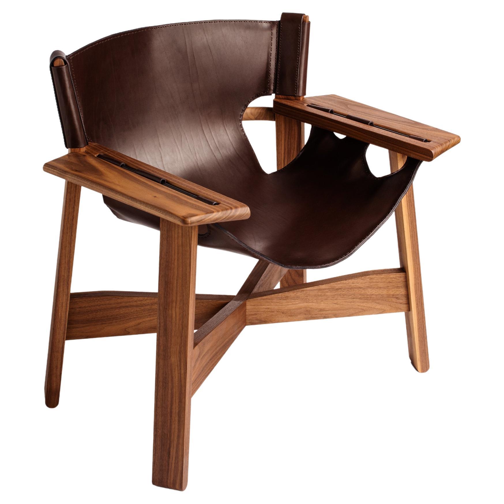 Walnut wood -  Chocolate Leather Armchair seat by Adriane Escarfullery For Sale