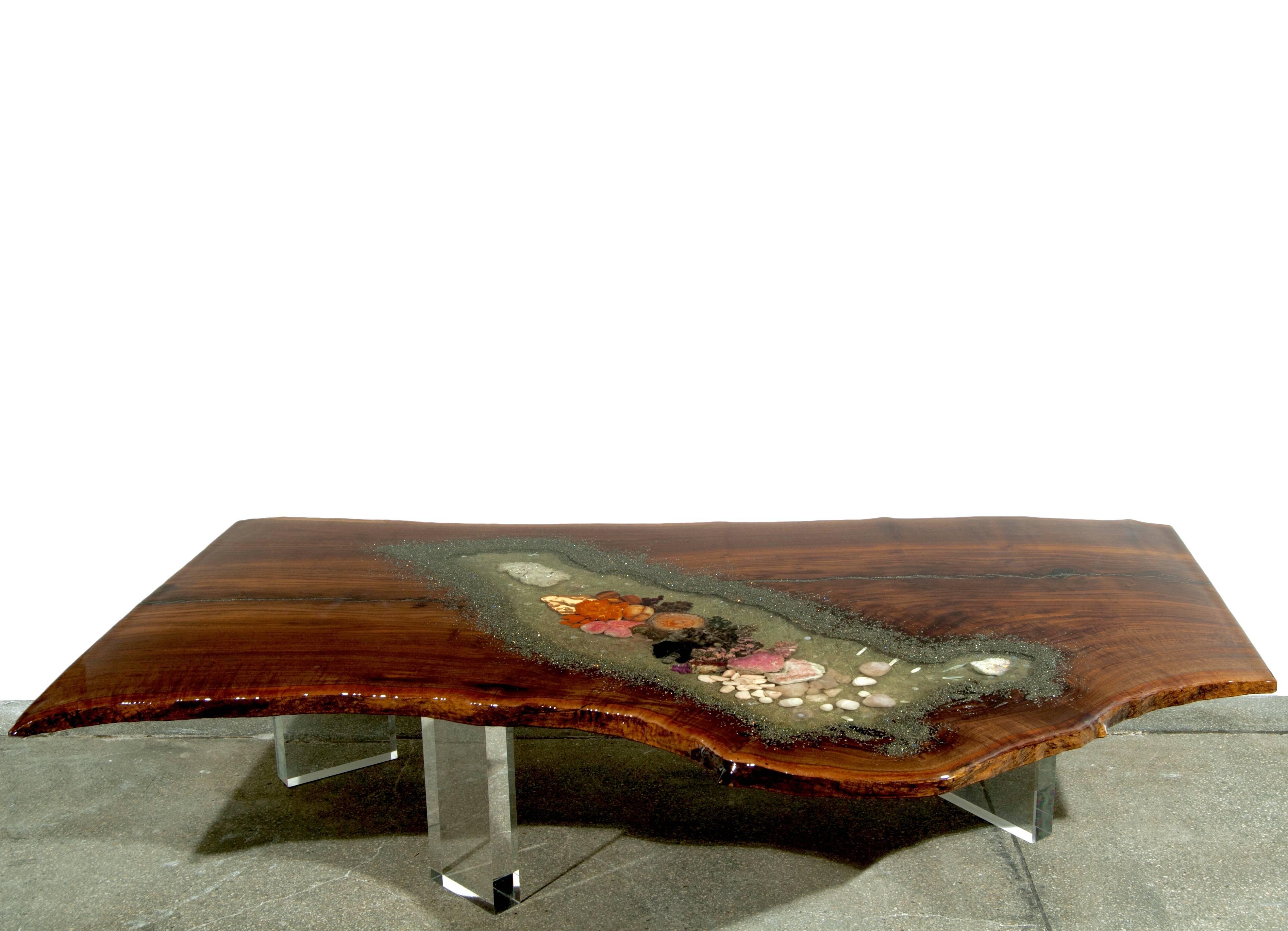 Hand-Crafted Claro Walnut Wood Coffee Table Quartz Gemstone Inlay Lucite Base by Danna Weiss For Sale
