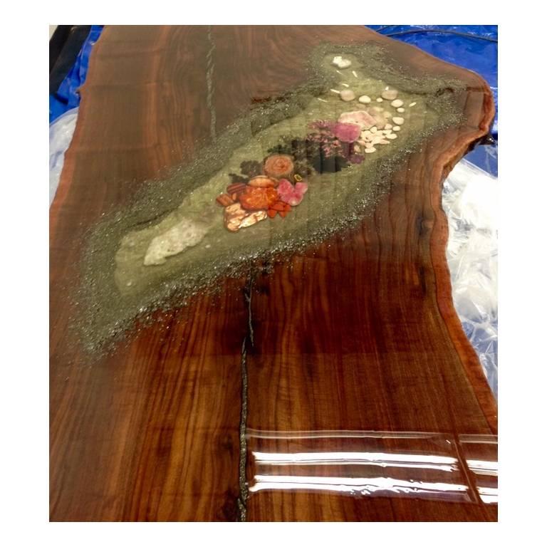 Claro Walnut Wood Coffee Table Quartz Gemstone Inlay Lucite Base by Danna Weiss In Excellent Condition For Sale In Jersey City, NJ