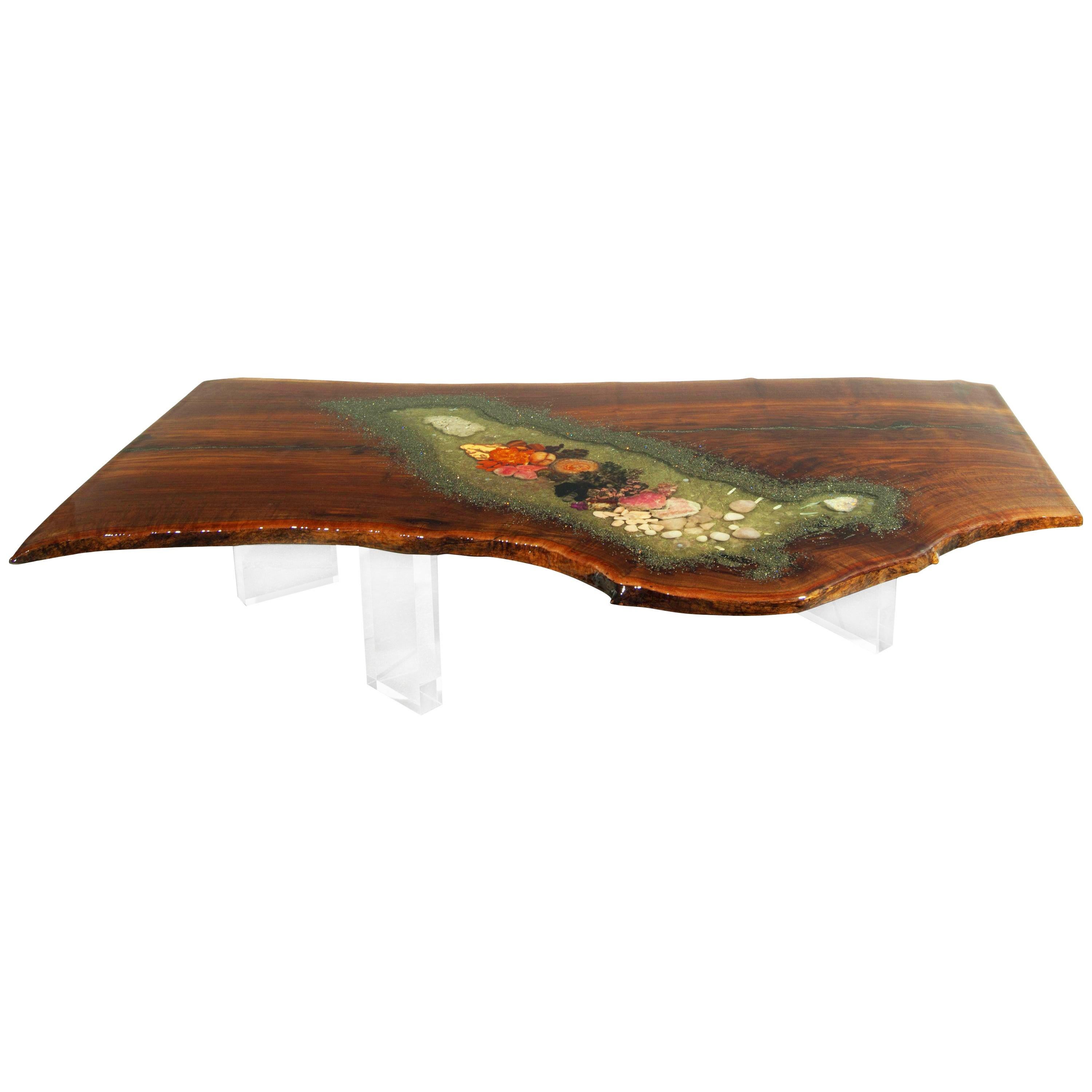 Claro Walnut Wood Coffee Table Quartz Gemstone Inlay Lucite Base by Danna Weiss For Sale