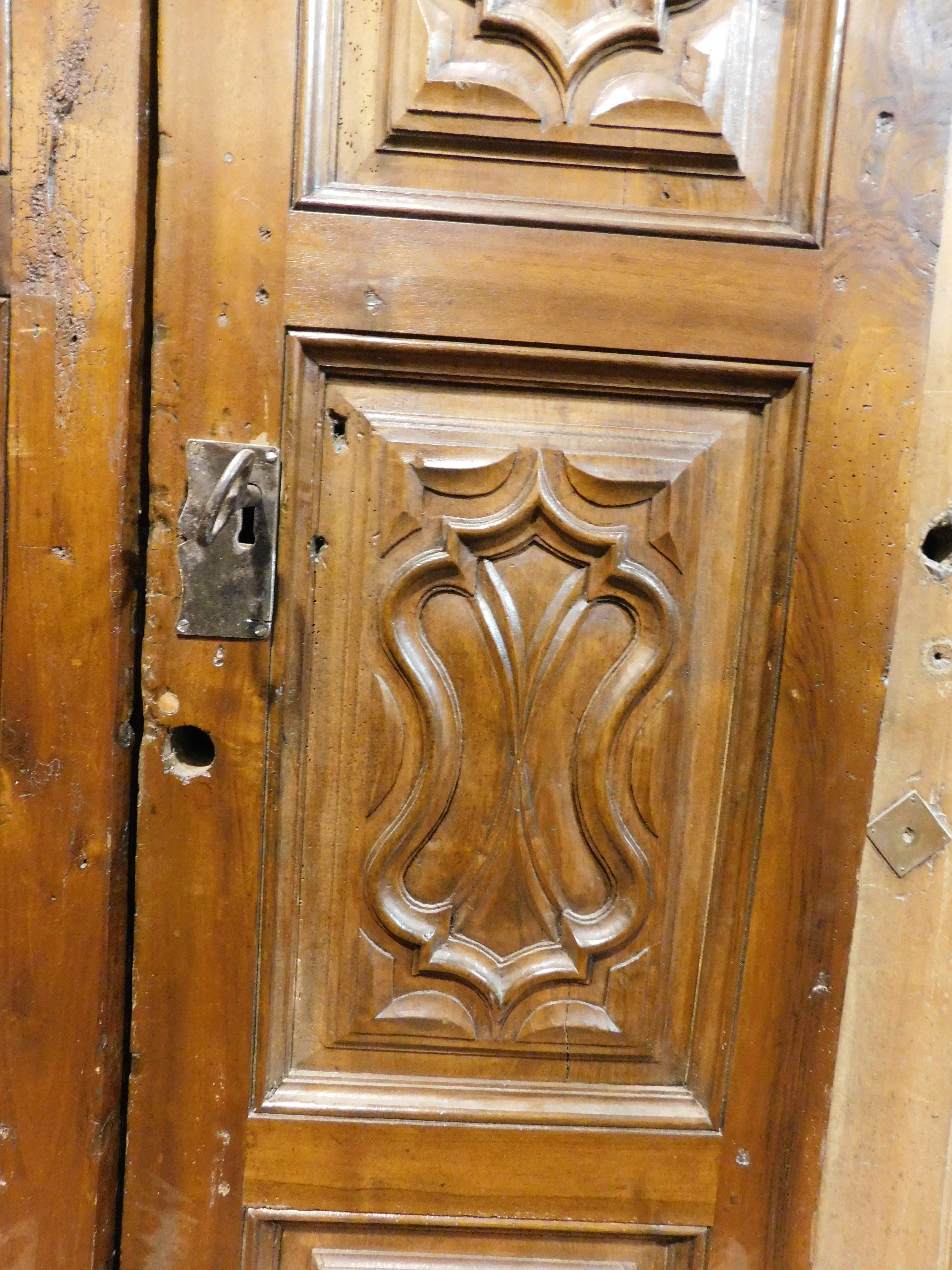 Hand-Carved Walnut wood entrance door, carved, double wing, Italy For Sale