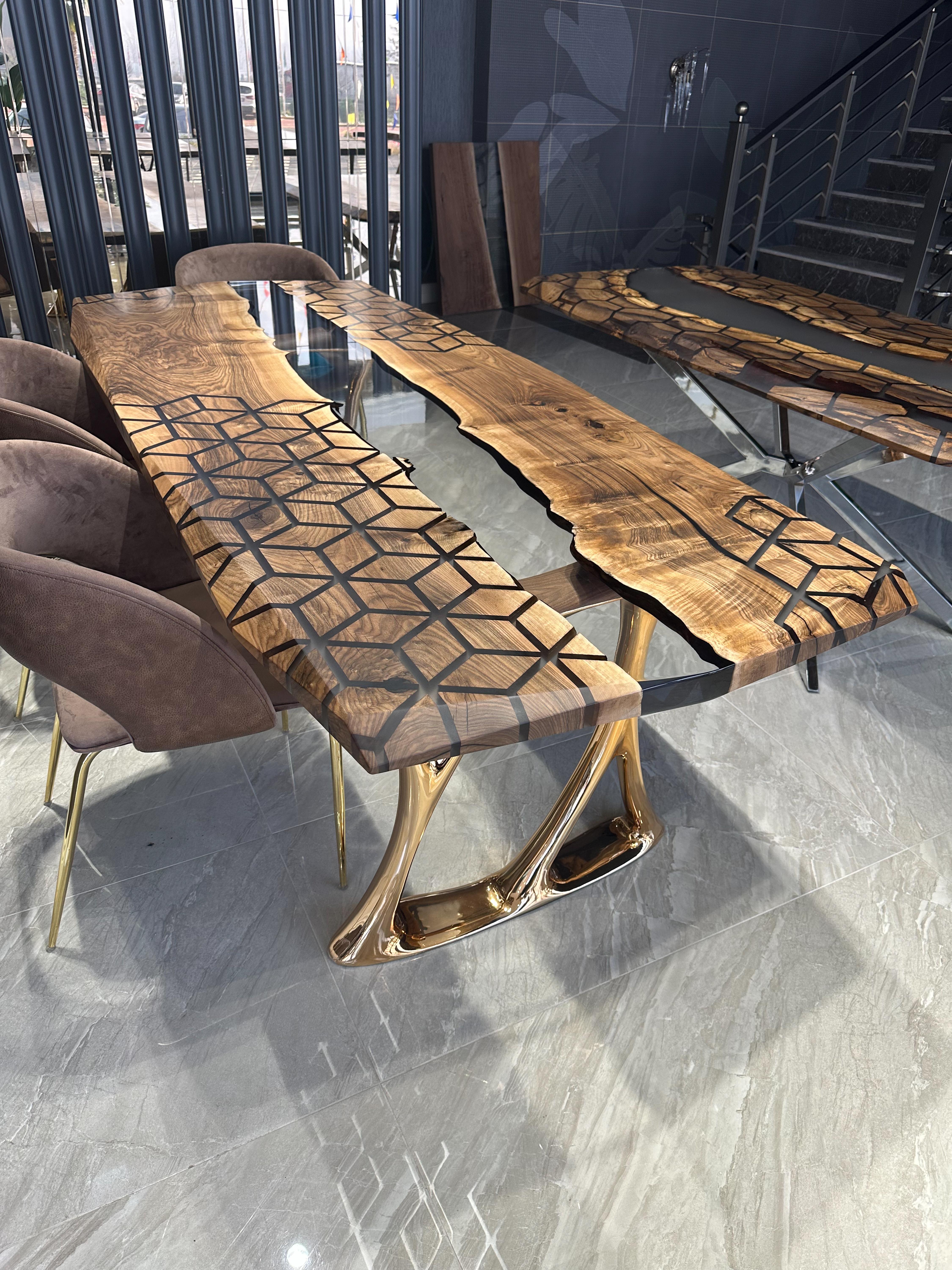 Modern Walnut Wood Epoxy Resin River Custom Handcrafted Dining Table For Sale