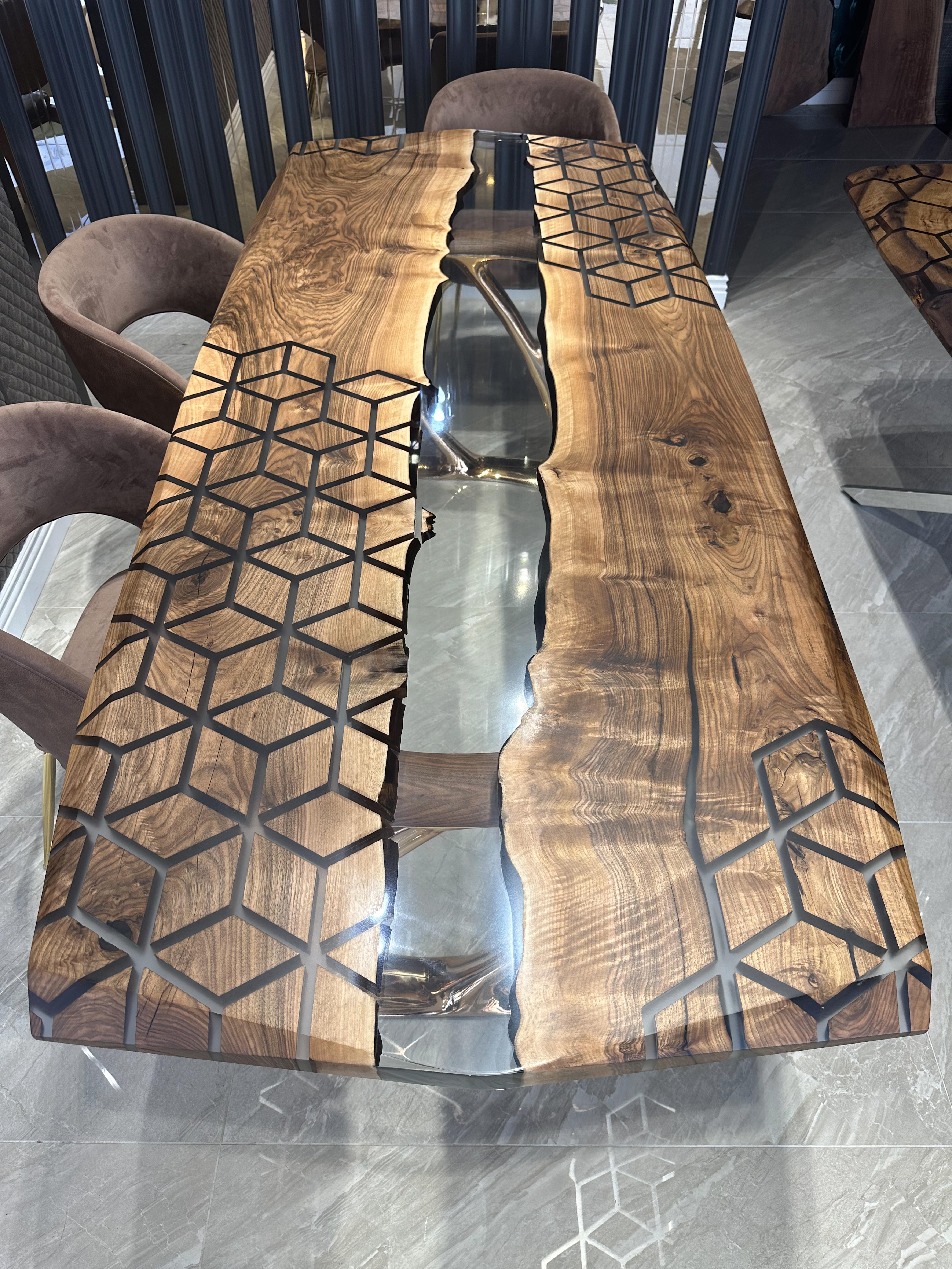 Turkish Walnut Wood Epoxy Resin River Custom Handcrafted Dining Table For Sale