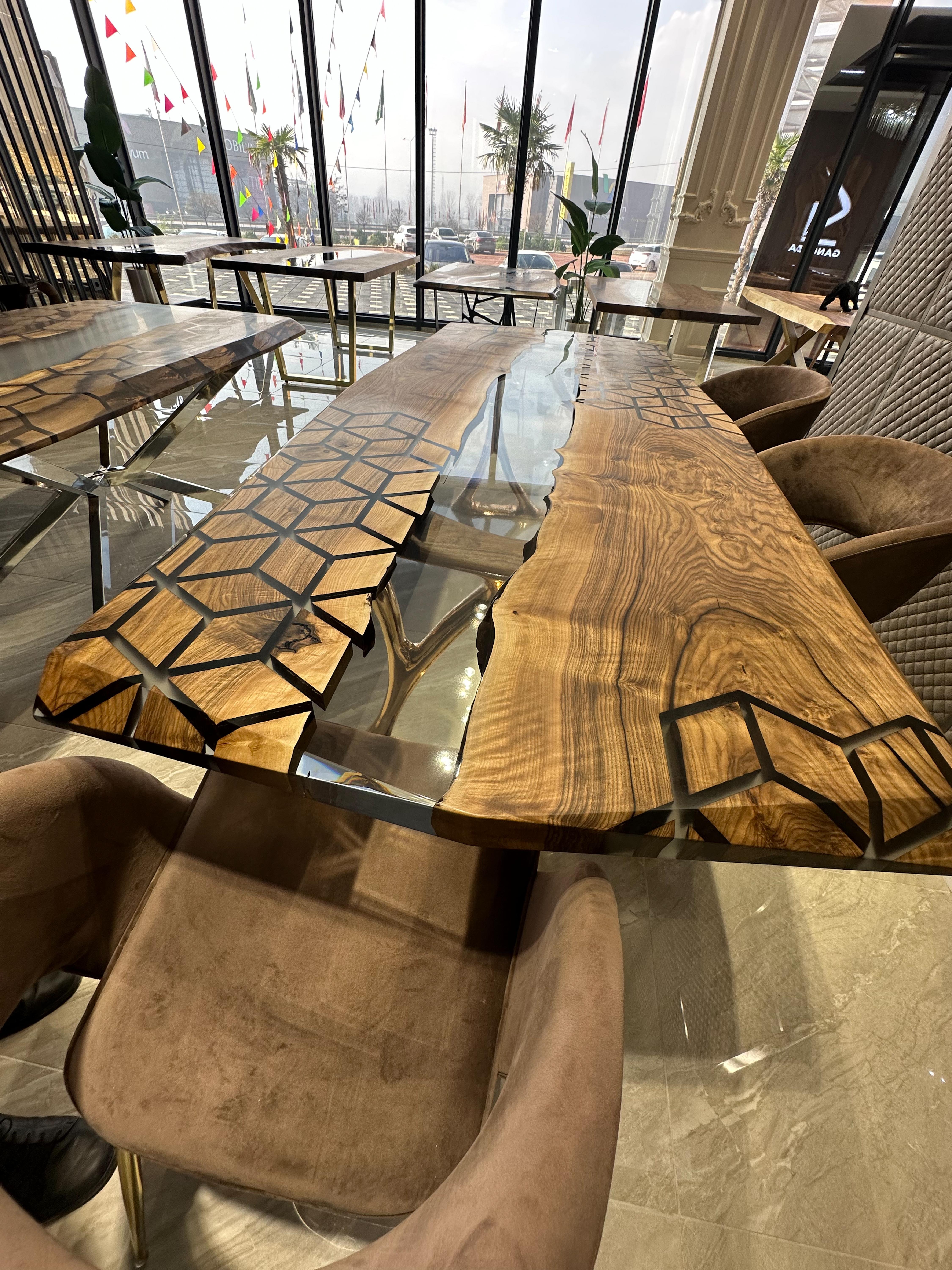 Contemporary Walnut Wood Epoxy Resin River Custom Handcrafted Dining Table For Sale