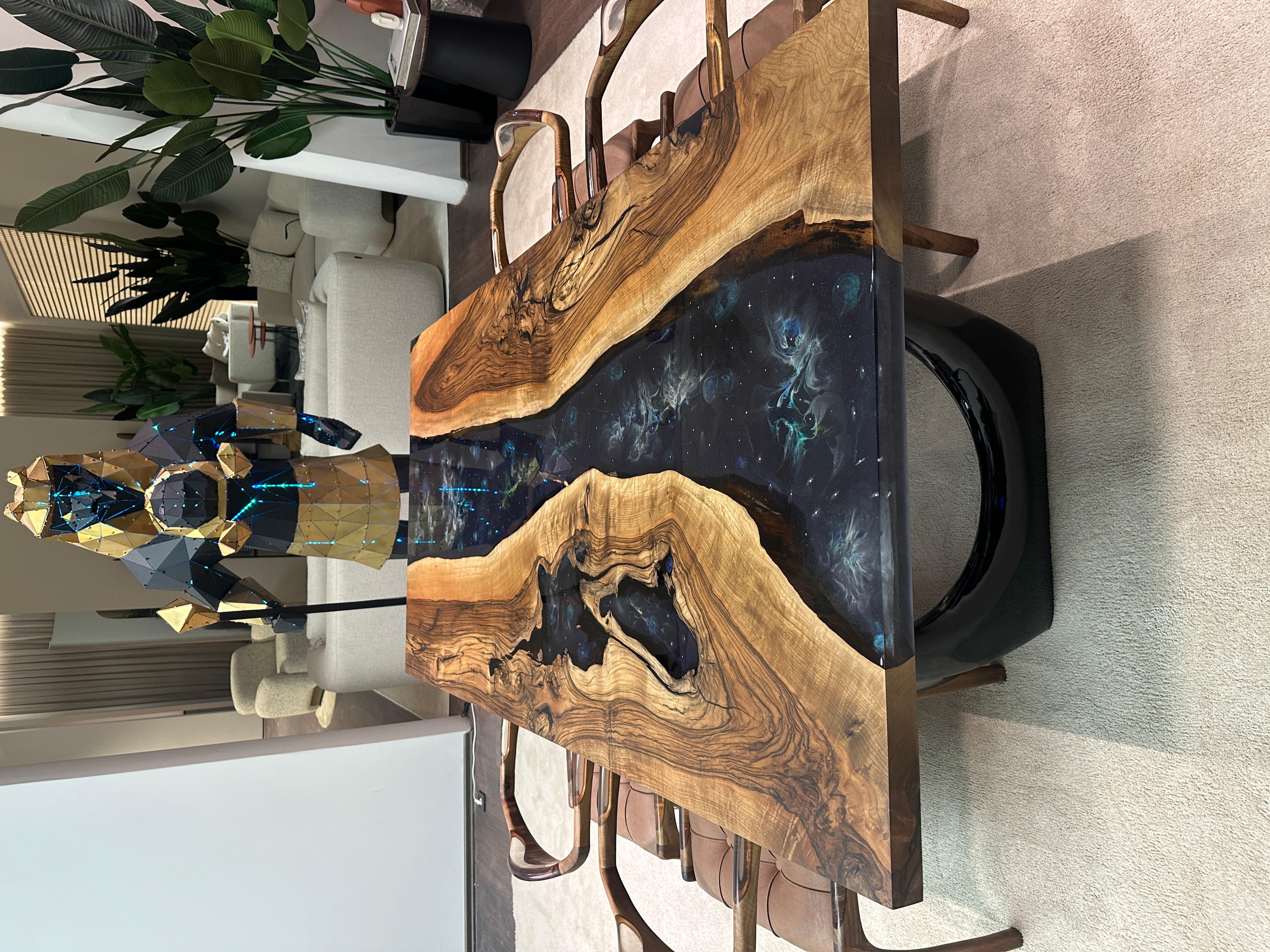 Hand-Carved Walnut Wood Epoxy River Custom Table For Sale