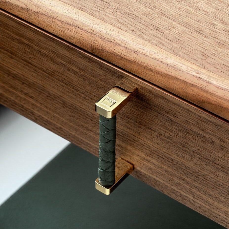 Italian Walnut Wood, Leather, Gold Details, Benny Nightstand Luxury For Sale