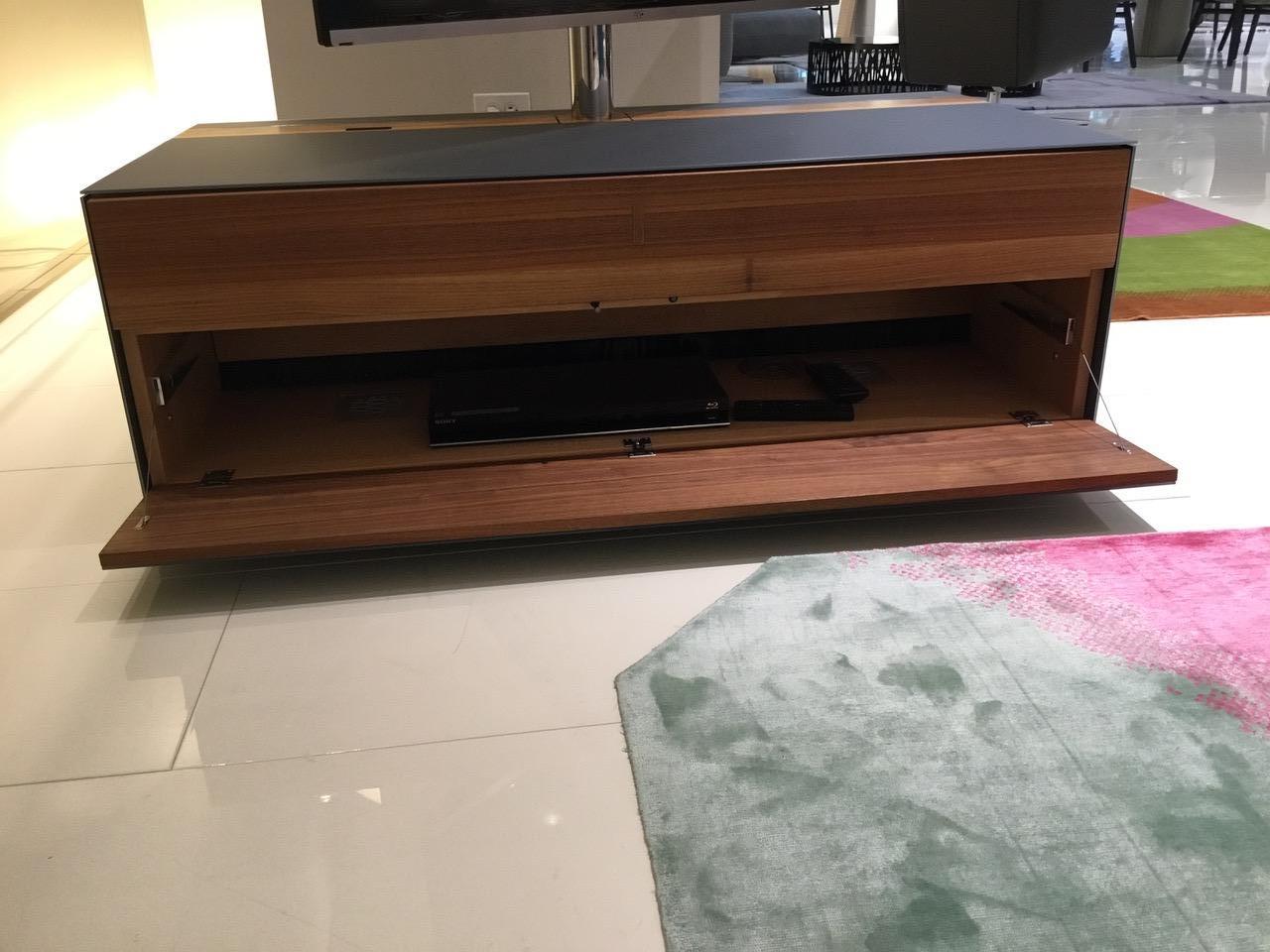 Verre Unité centrale de télévision en bois de noyer et verre gris mat avec pilulier de télévision  en vente