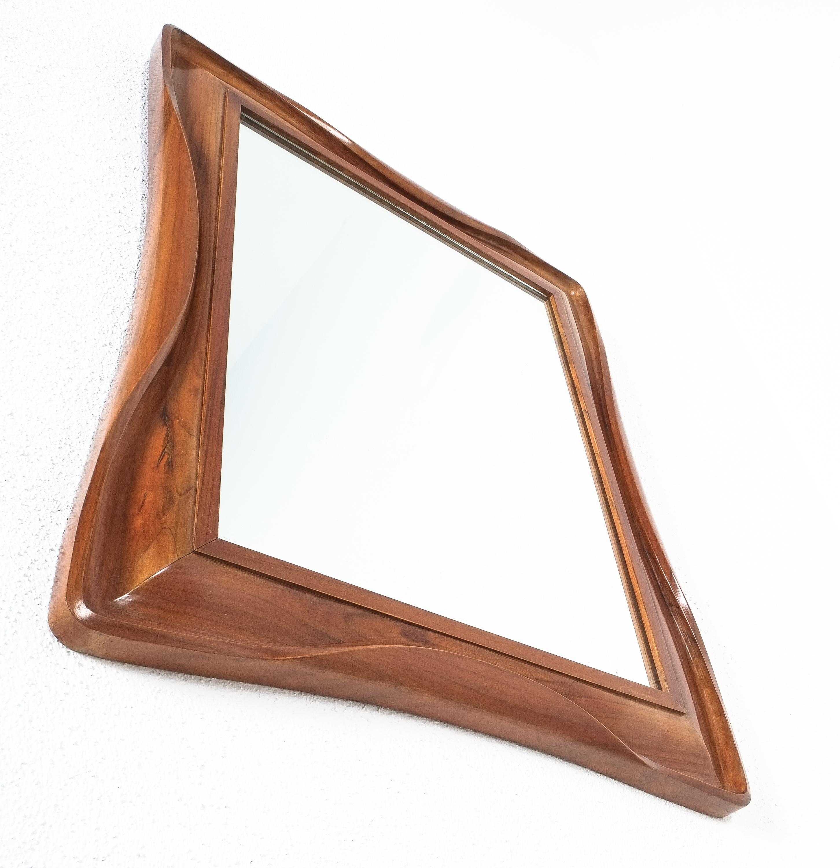 Mid-Century Modern Walnut Wood Mirror, Midcentury, Italy For Sale