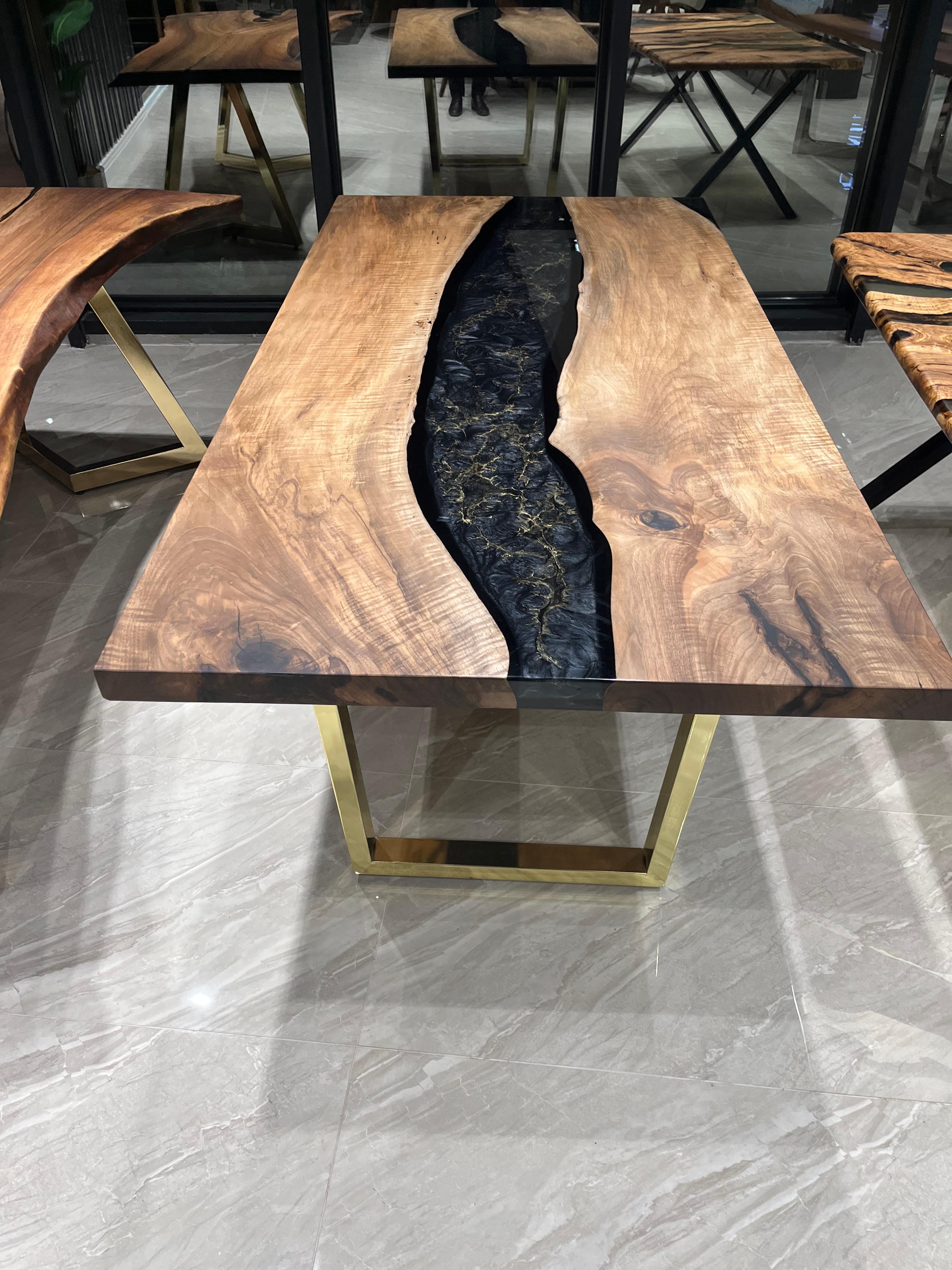 Hand-Carved Walnut Wood River Dining Table For Sale