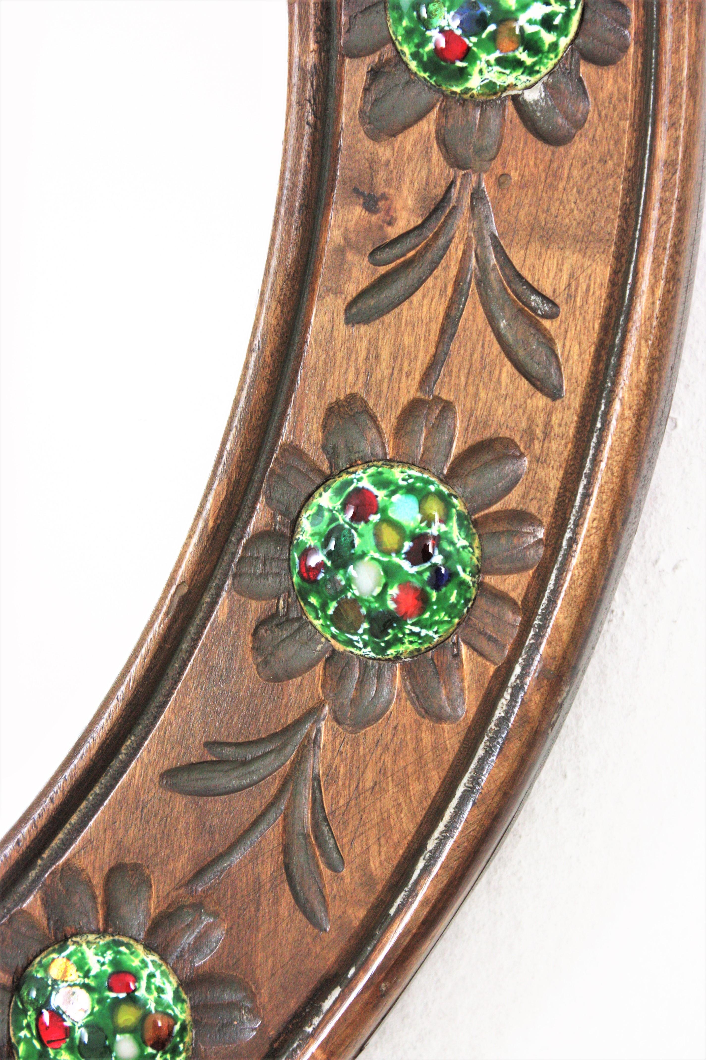 Round Wall Mirror in Walnut and Multi Color Enamel Decorations For Sale 2