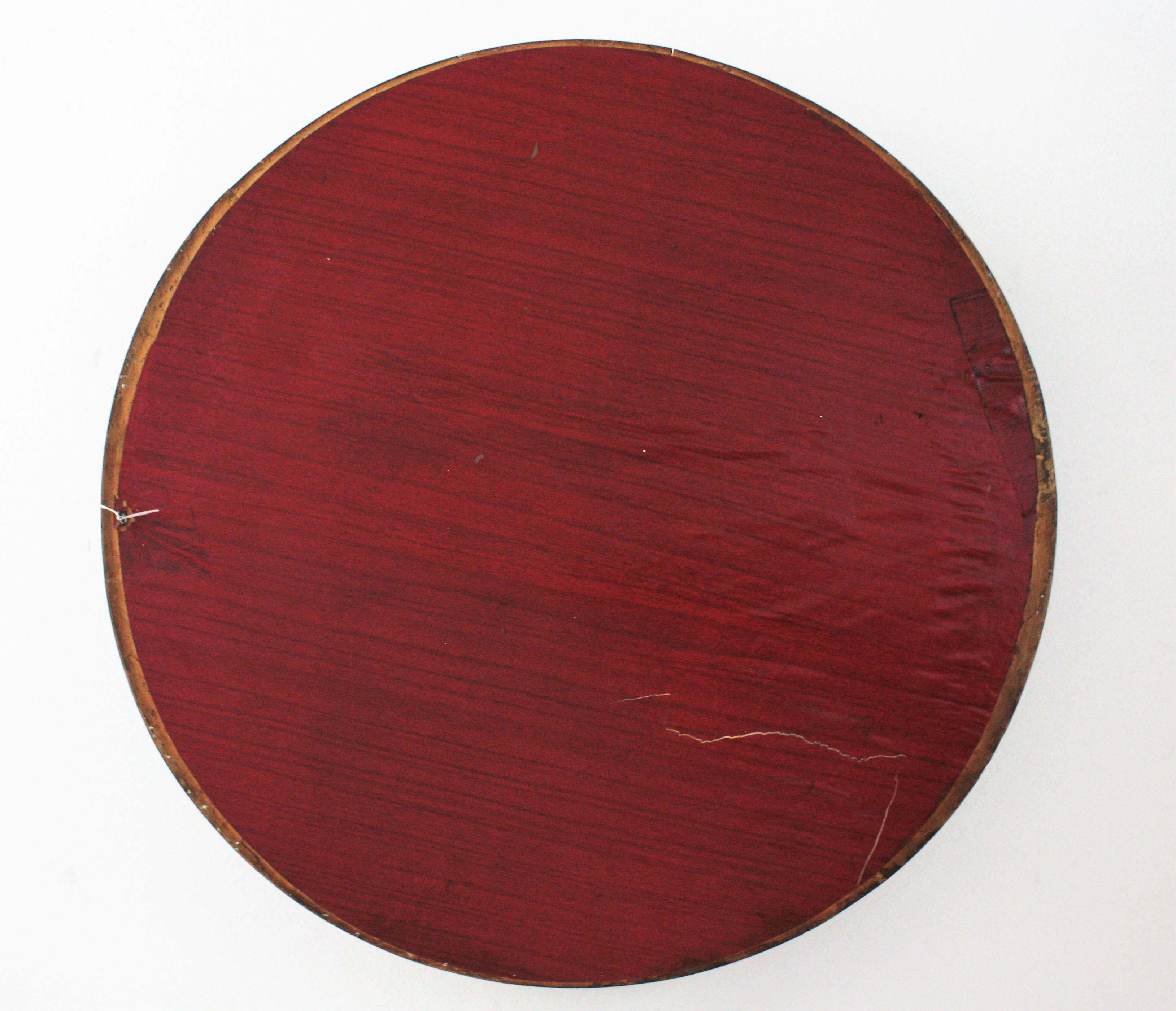 Round Wall Mirror in Walnut and Multi Color Enamel Decorations For Sale 3