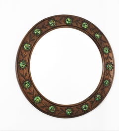 Runder Spiegel im spanischen Kolonialstil mit floralem Rahmen aus Holz und Emaille