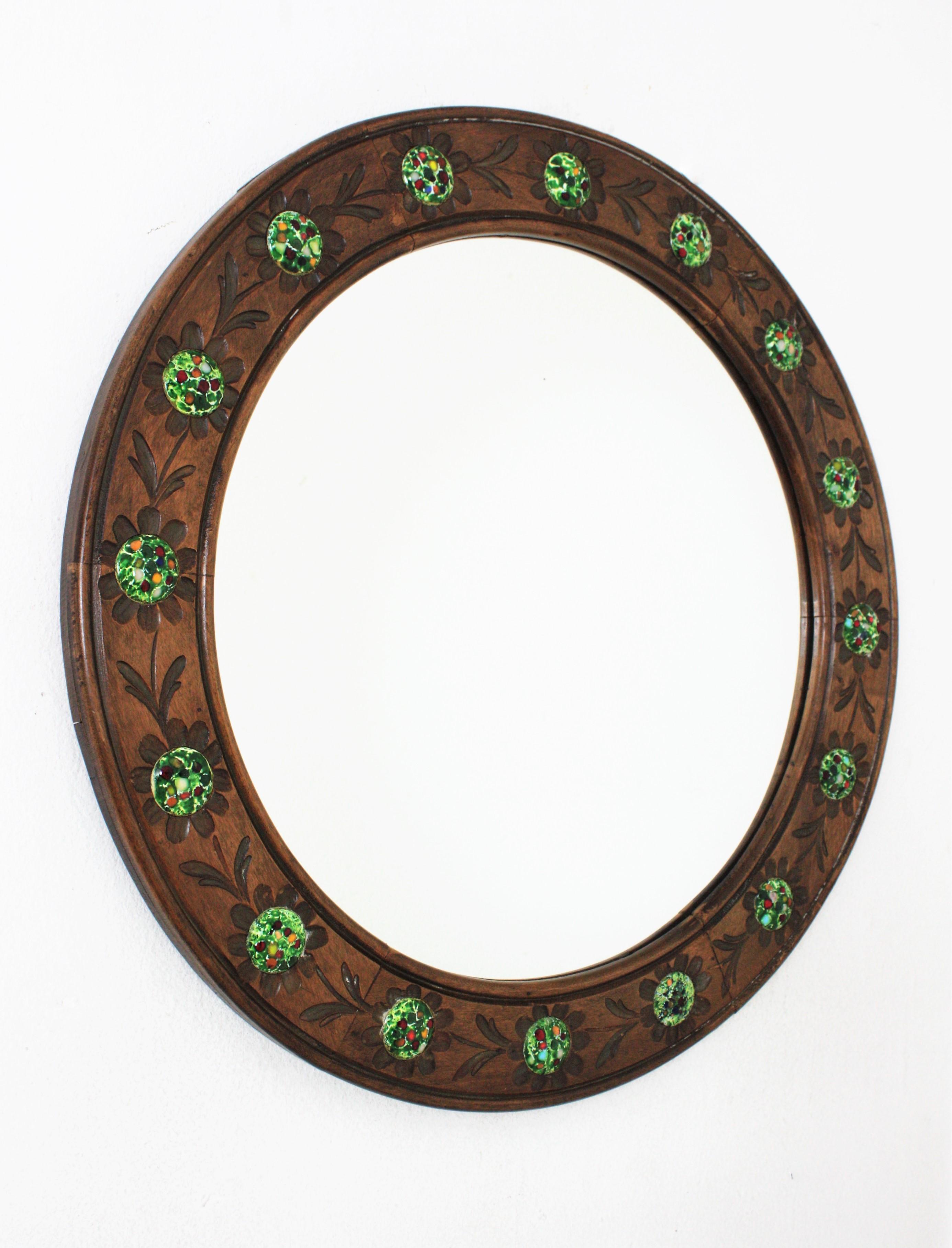 Mid-Century Modern Round Wall Mirror in Walnut and Multi Color Enamel Decorations For Sale