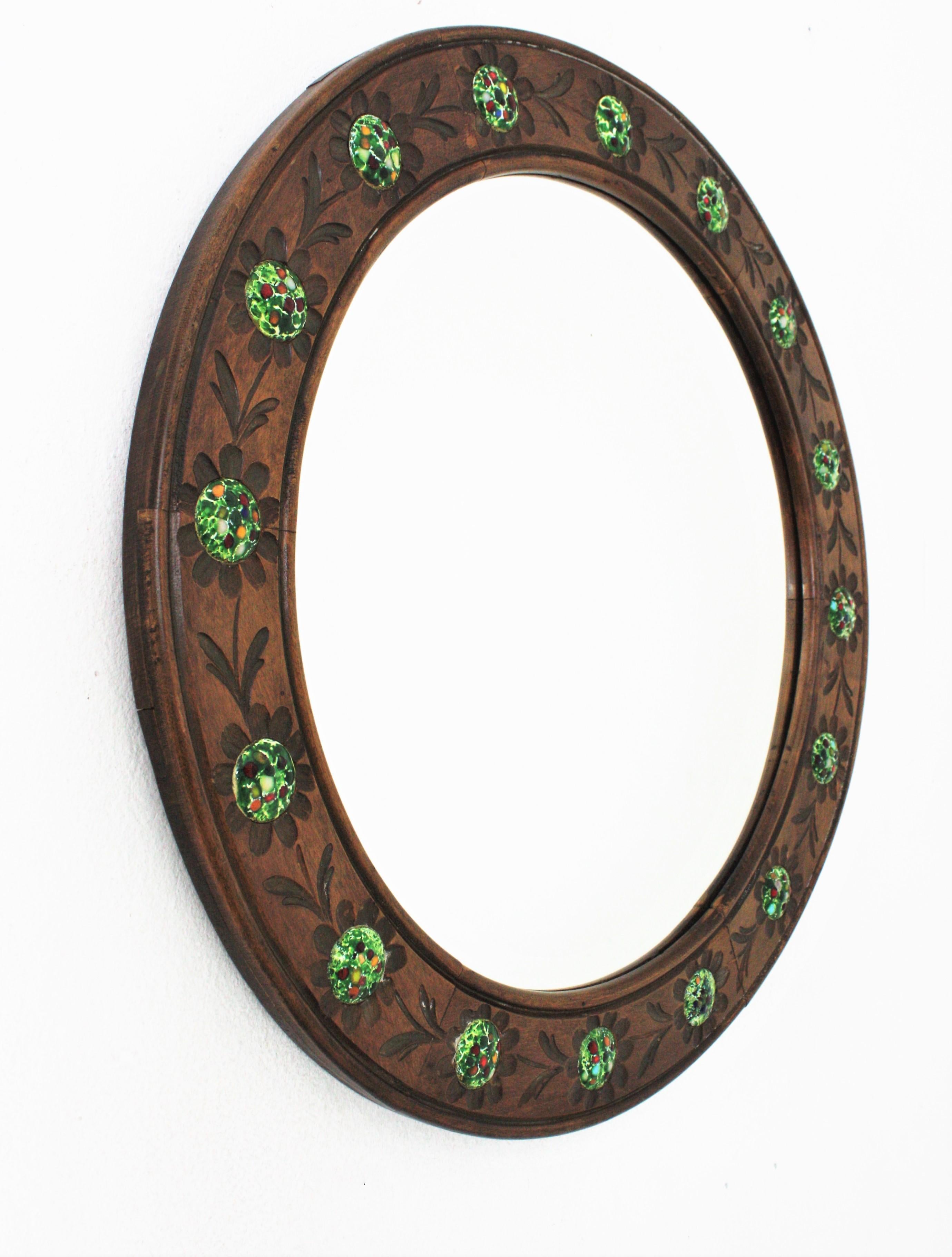 Spanish Round Wall Mirror in Walnut and Multi Color Enamel Decorations For Sale