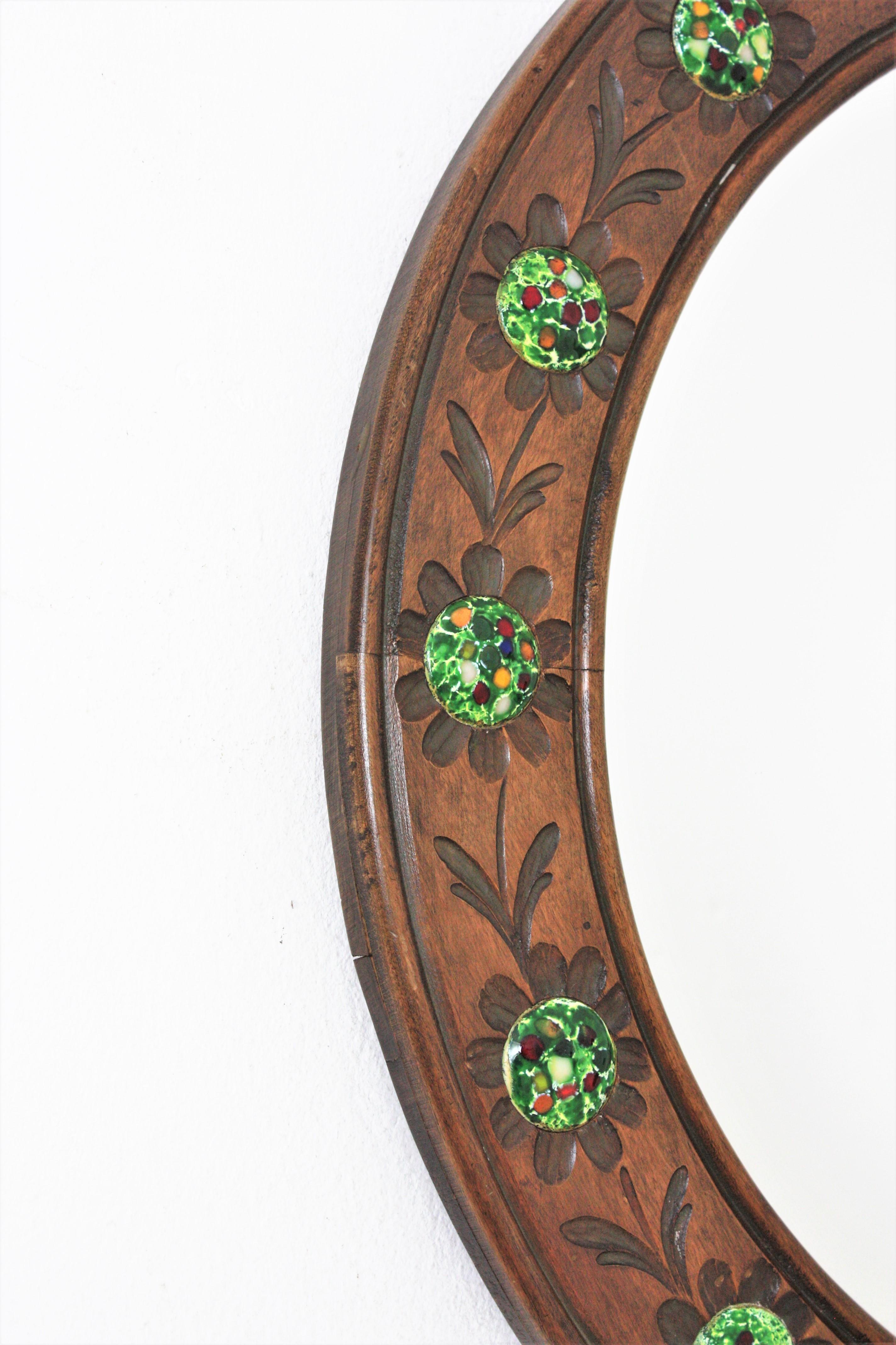 Hand-Crafted Round Wall Mirror in Walnut and Multi Color Enamel Decorations For Sale
