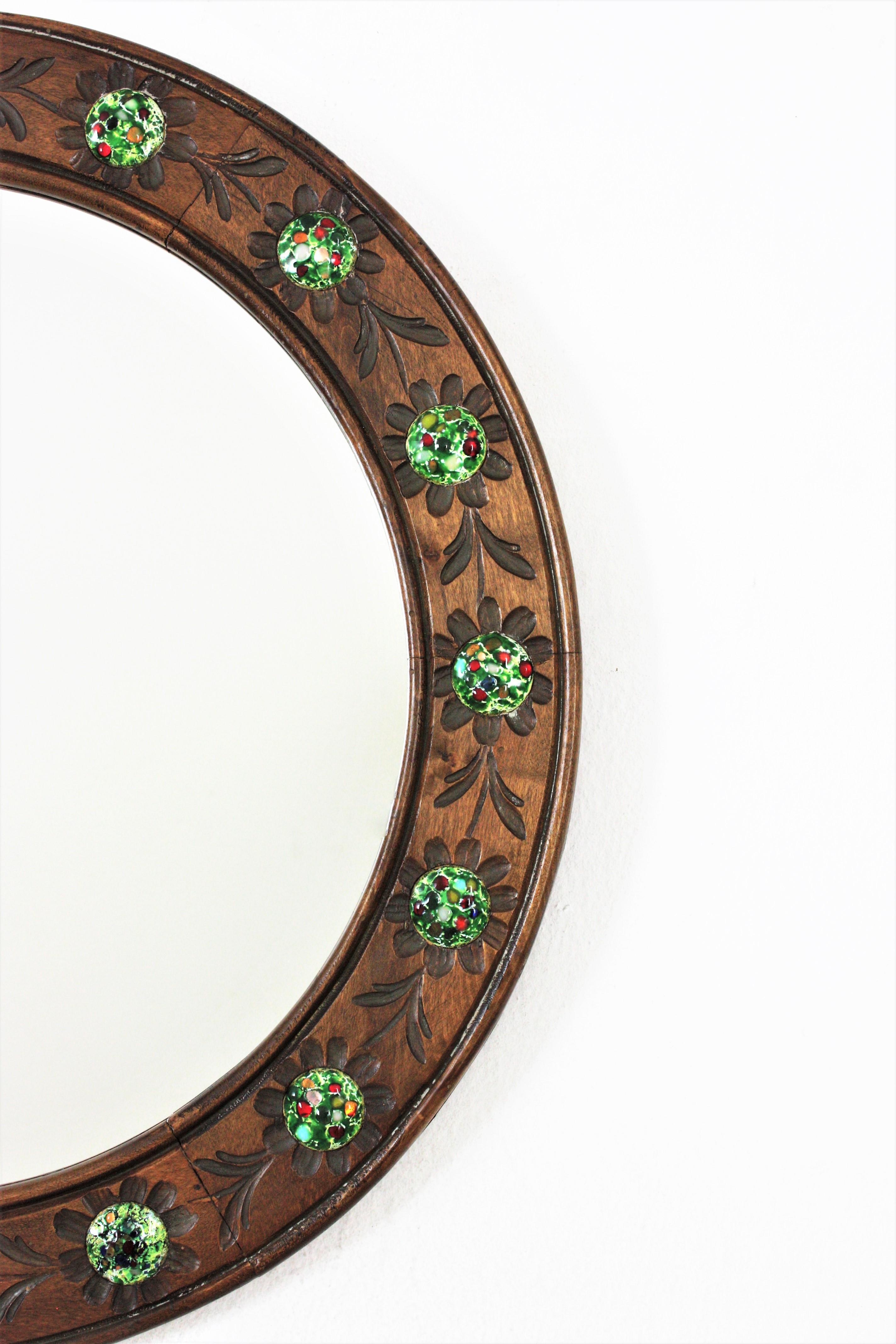 20th Century Round Wall Mirror in Walnut and Multi Color Enamel Decorations For Sale