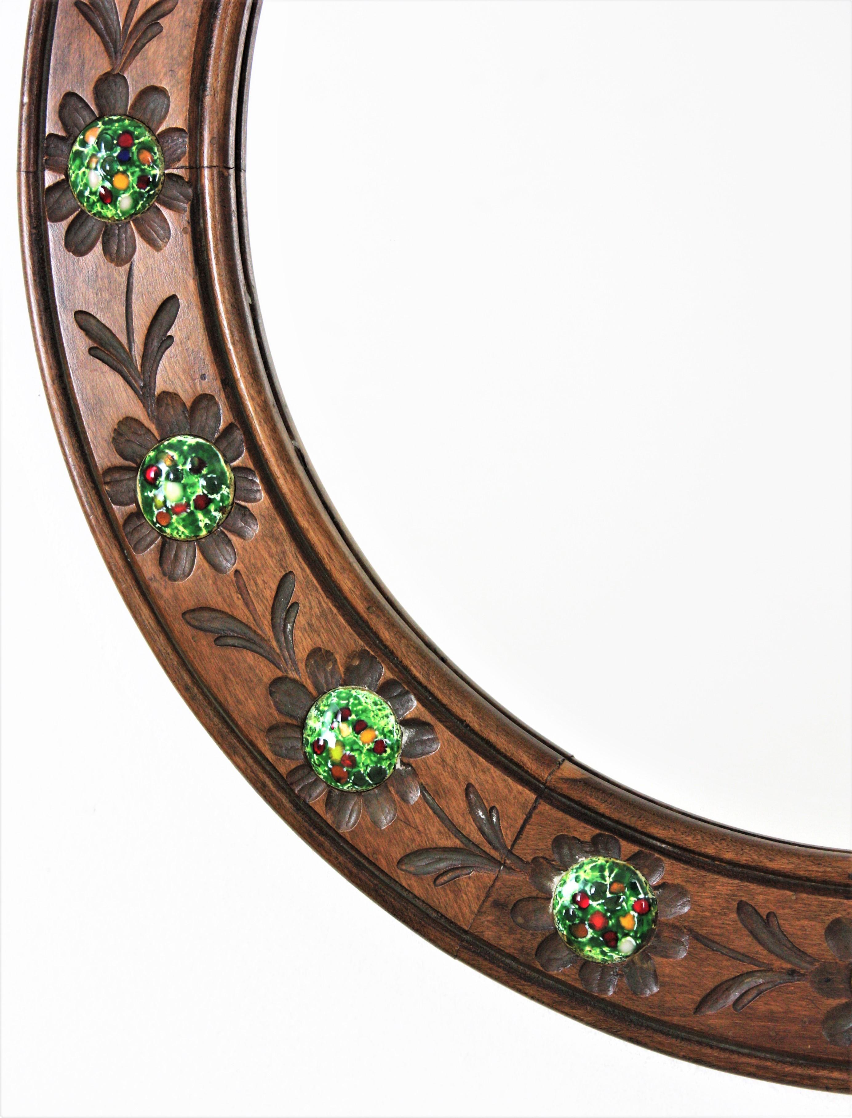 Metal Round Wall Mirror in Walnut and Multi Color Enamel Decorations For Sale