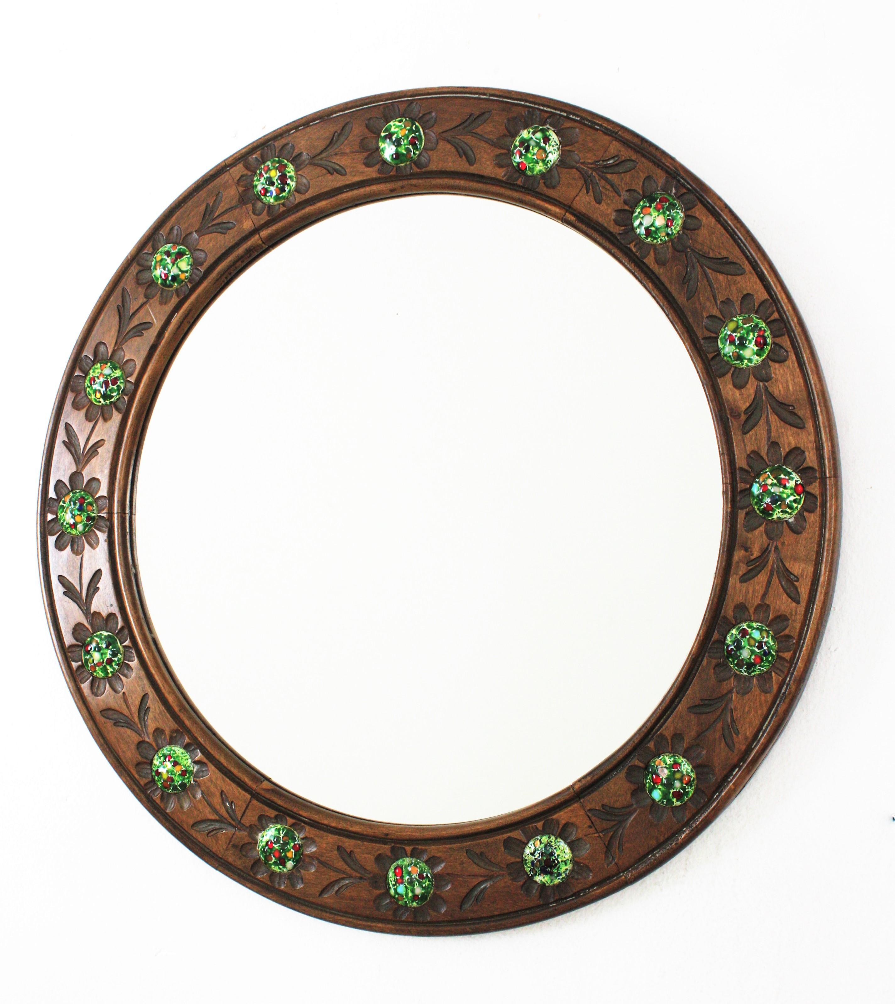 Round Wall Mirror in Walnut and Multi Color Enamel Decorations For Sale 1