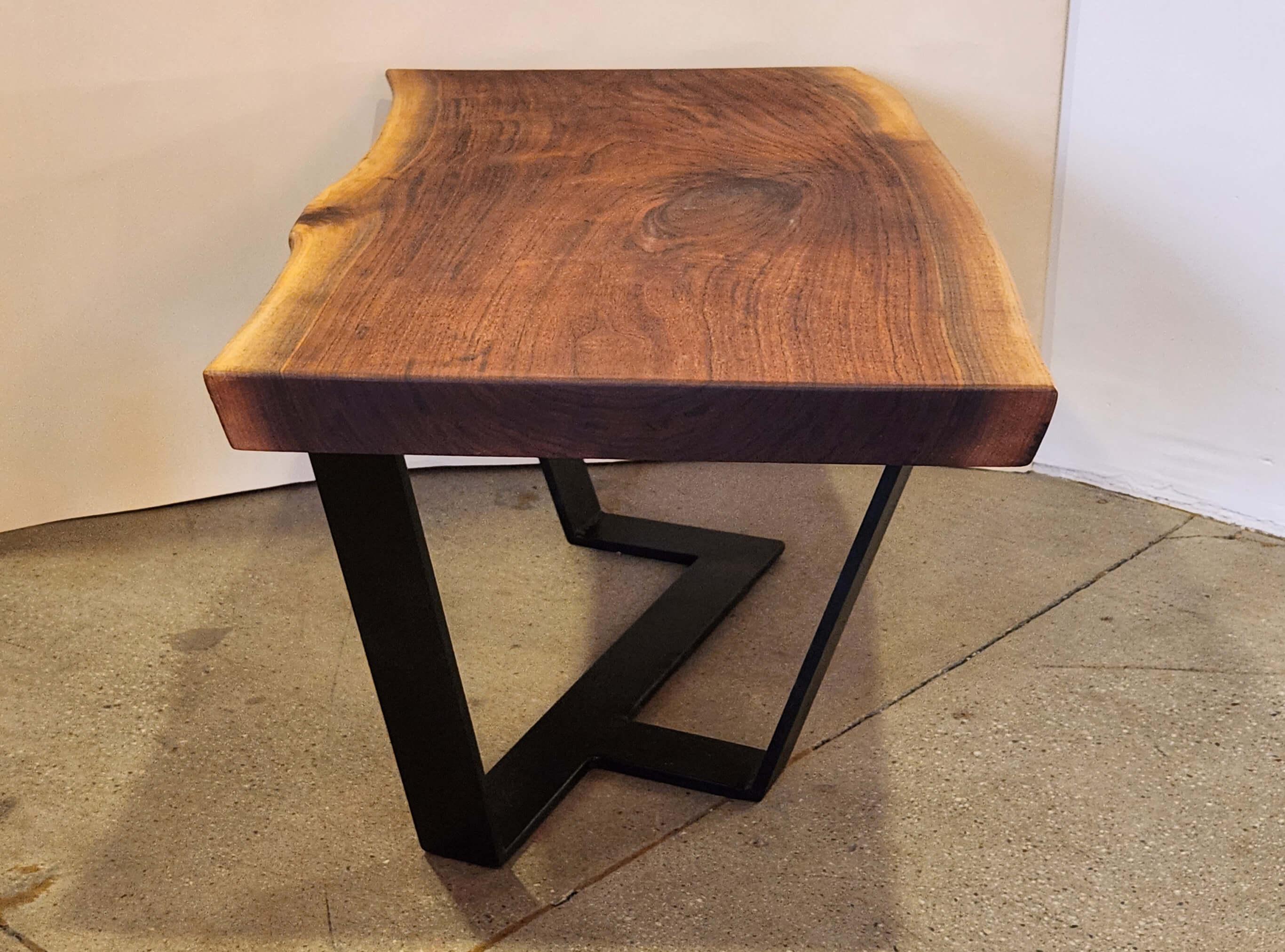 Hand-Crafted Walnut Wood Slab Coffee Table with Metal Base by Creation Therrien For Sale