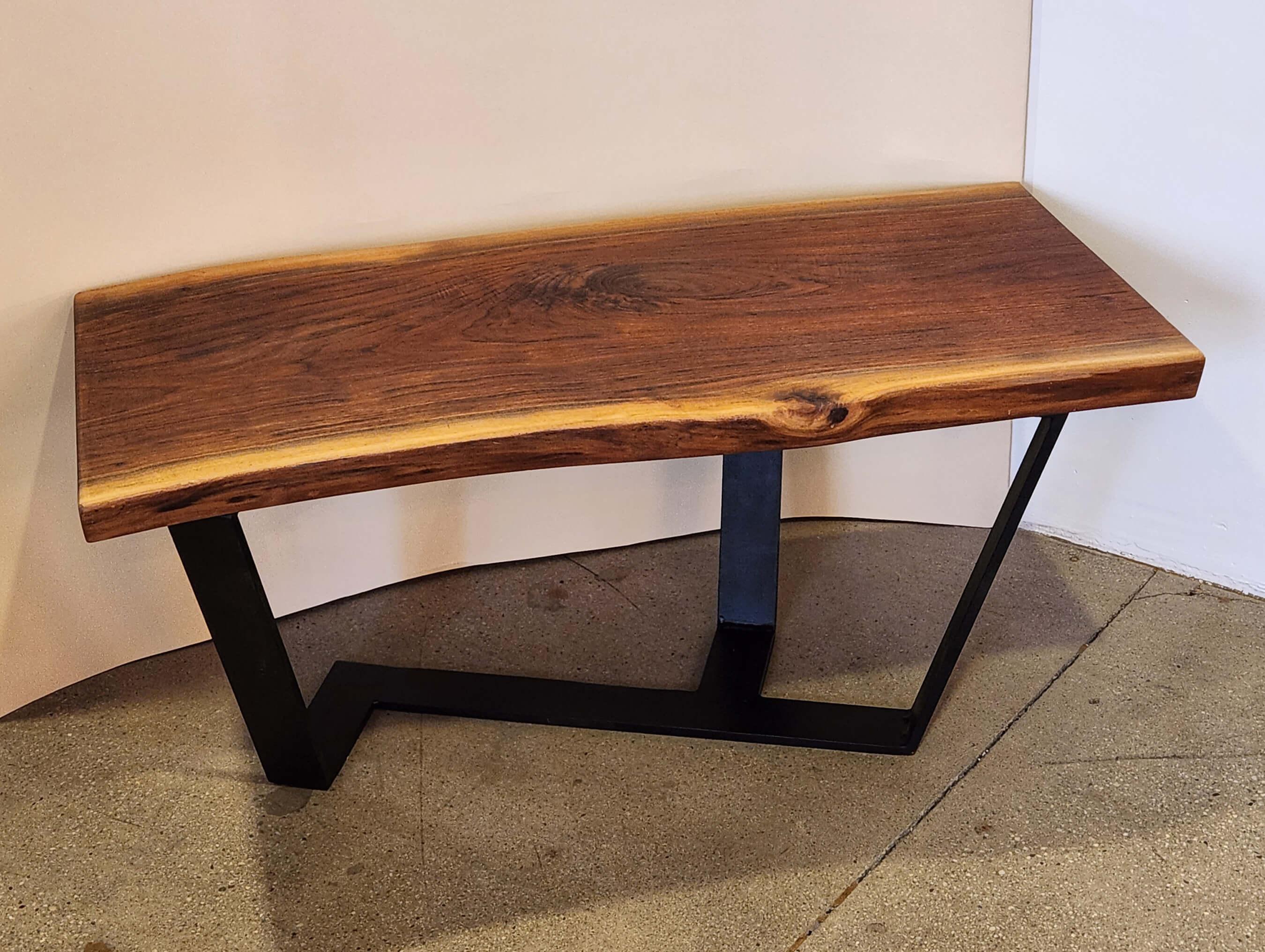 Walnut Wood Slab Coffee Table with Metal Base by Creation Therrien In New Condition For Sale In Stratford, CT