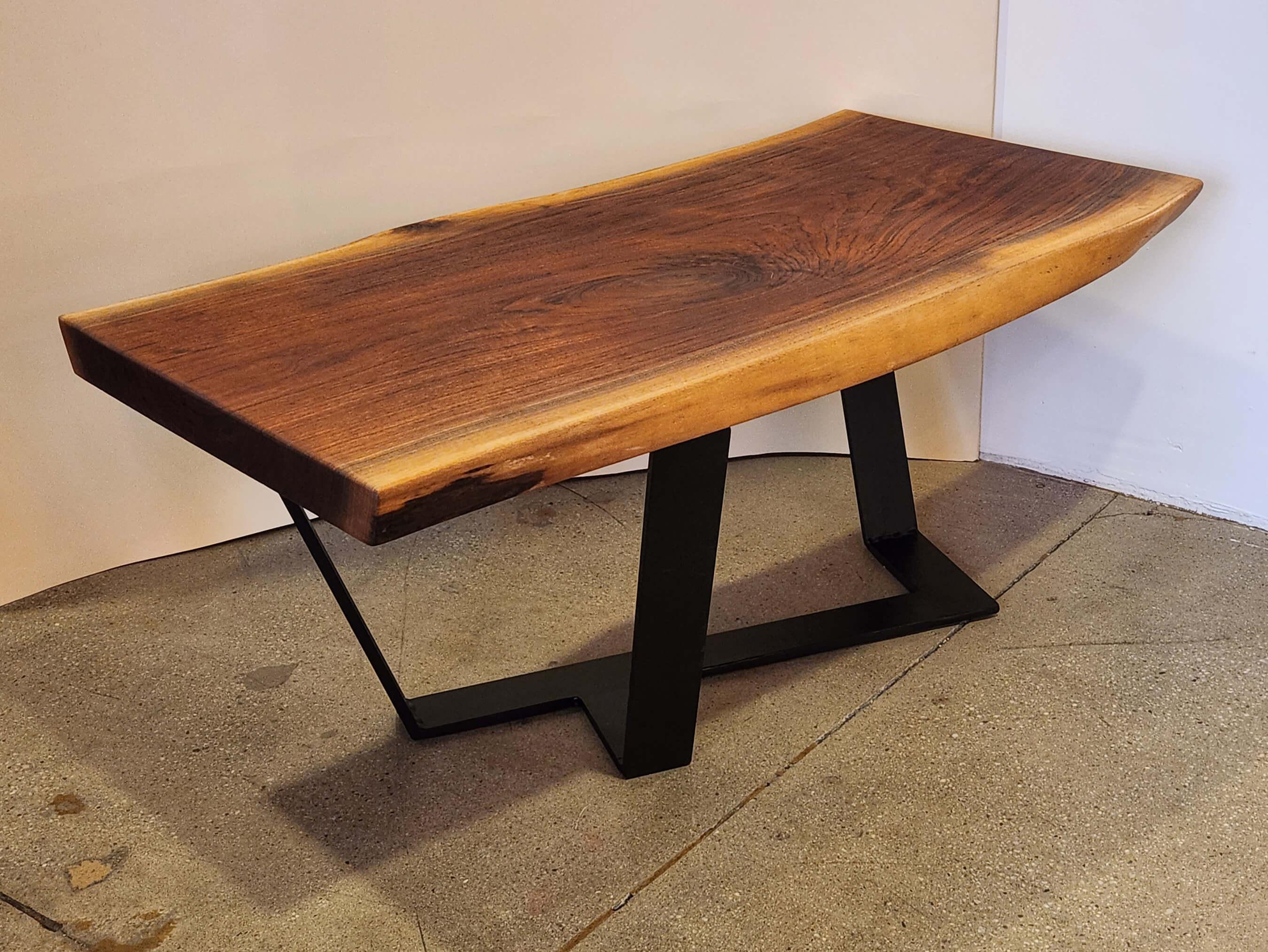 Contemporary Walnut Wood Slab Coffee Table with Metal Base by Creation Therrien For Sale