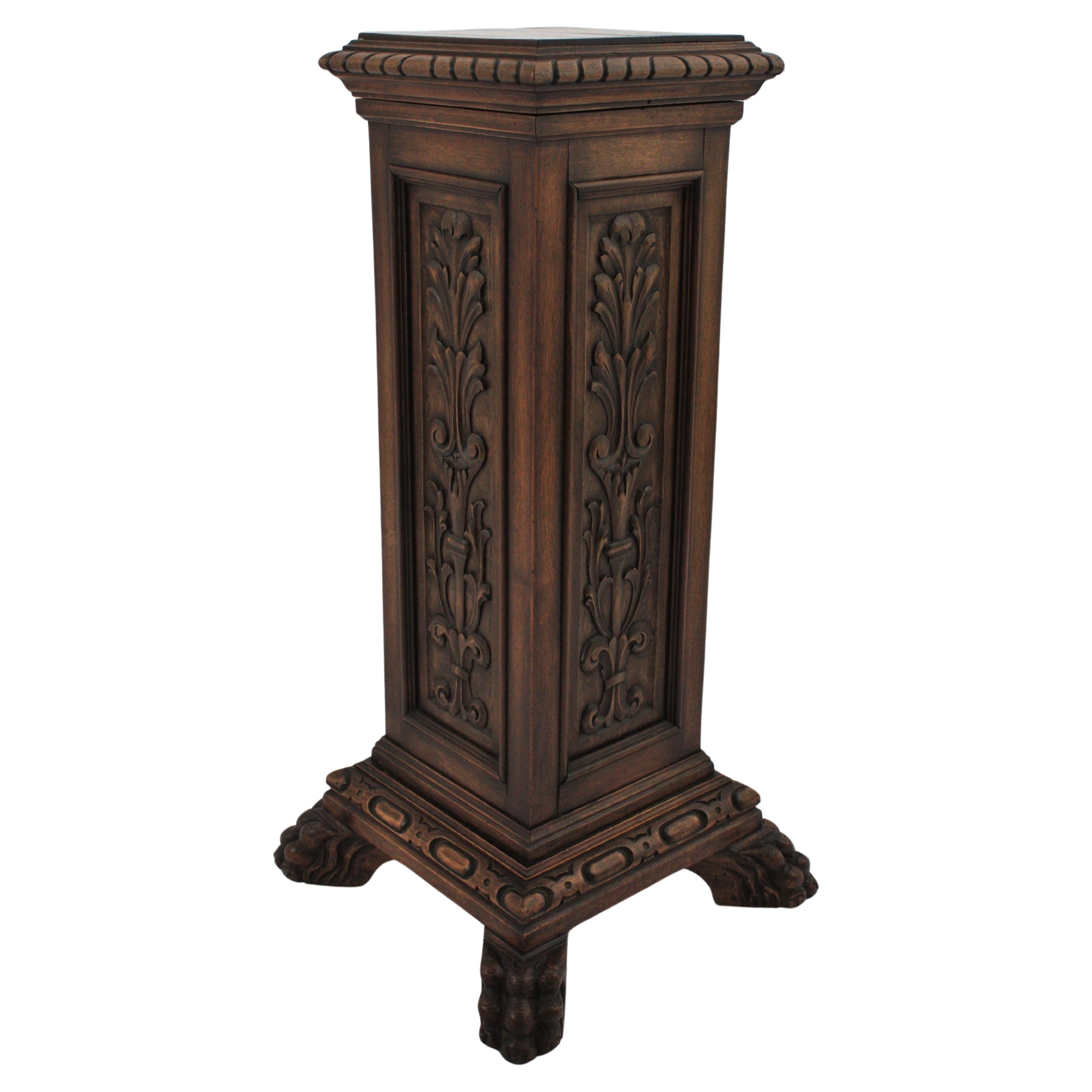 Walnut Wood Square Tapered Column Pedestal Hidden Secret Storage Compartment