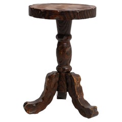 Walnut Wood Stool, Spanish Colonial Style, Sculptural Tripod, France