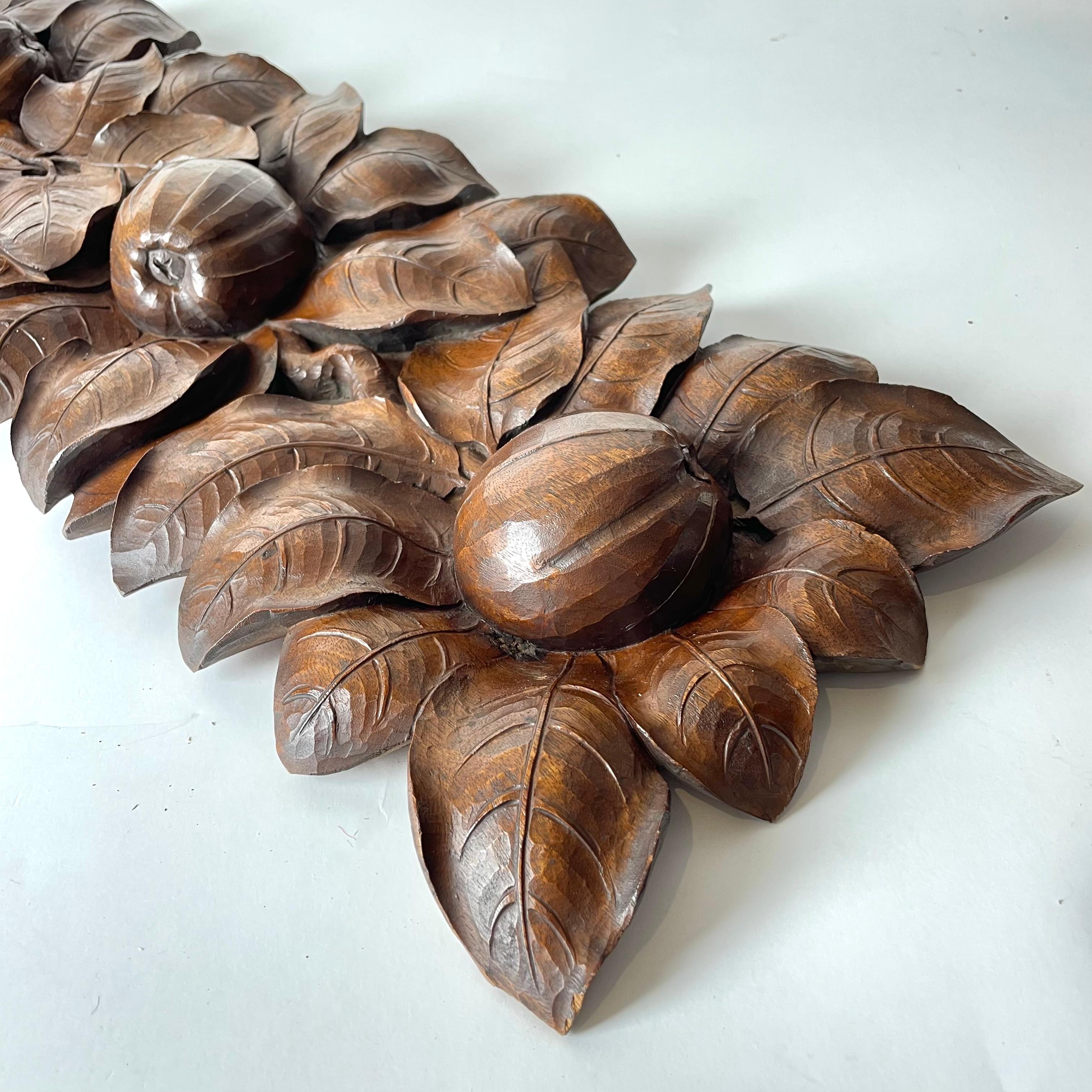 European Walnut Woodcarved Decorative Element Depicting Apples Foliage Early 20th Century For Sale