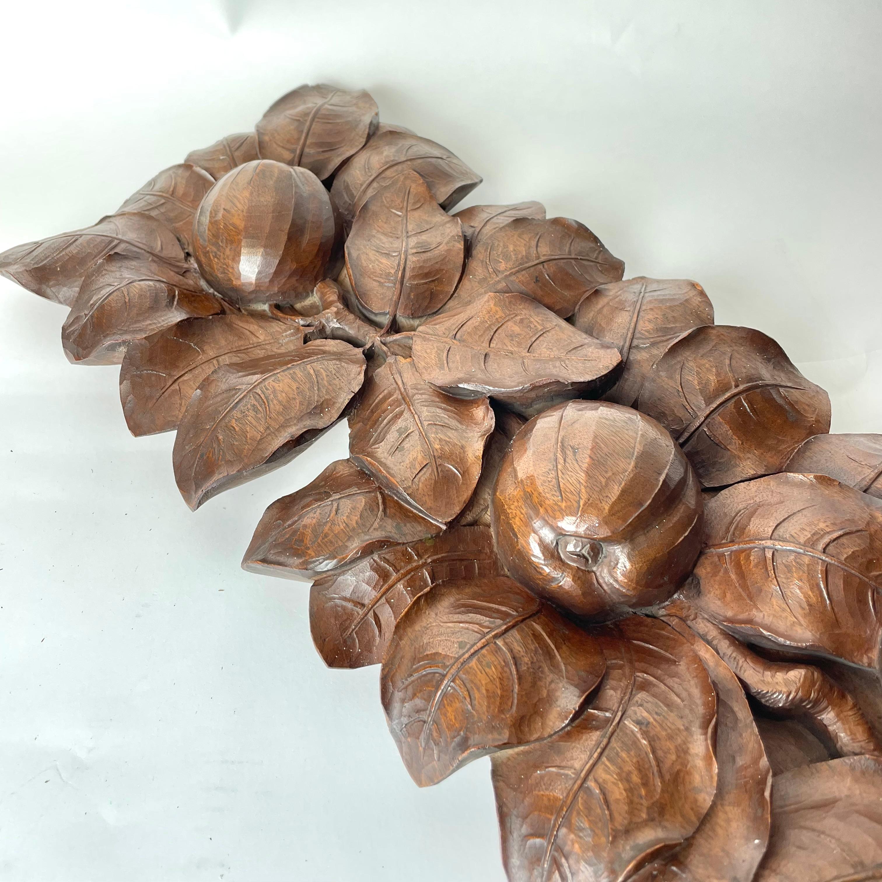Walnut Woodcarved Decorative Element Depicting Apples Foliage Early 20th Century For Sale 1