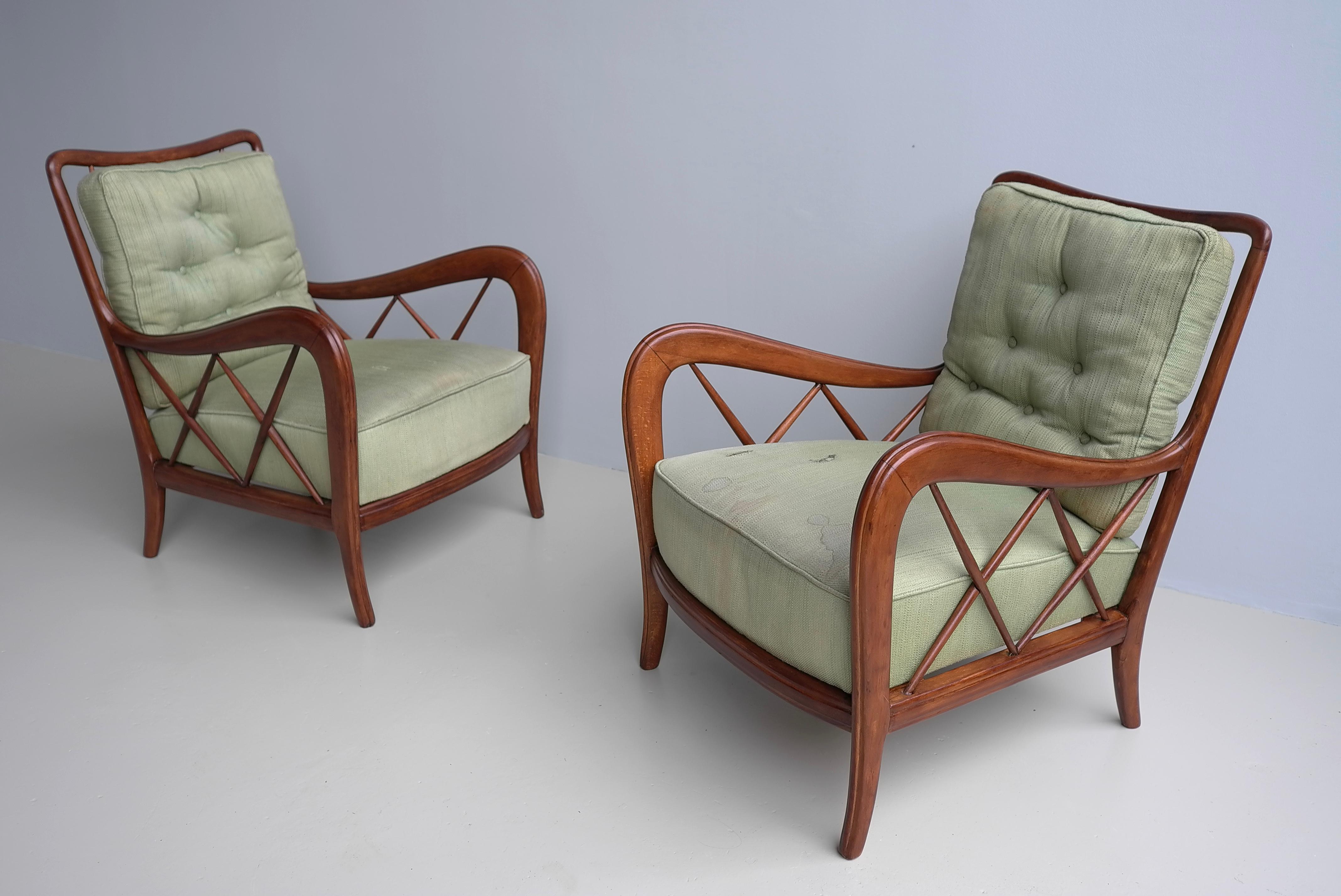 Walnut Wooden Lounge Chairs attr Paolo Buffa, Milan Italy 1940's For Sale 4