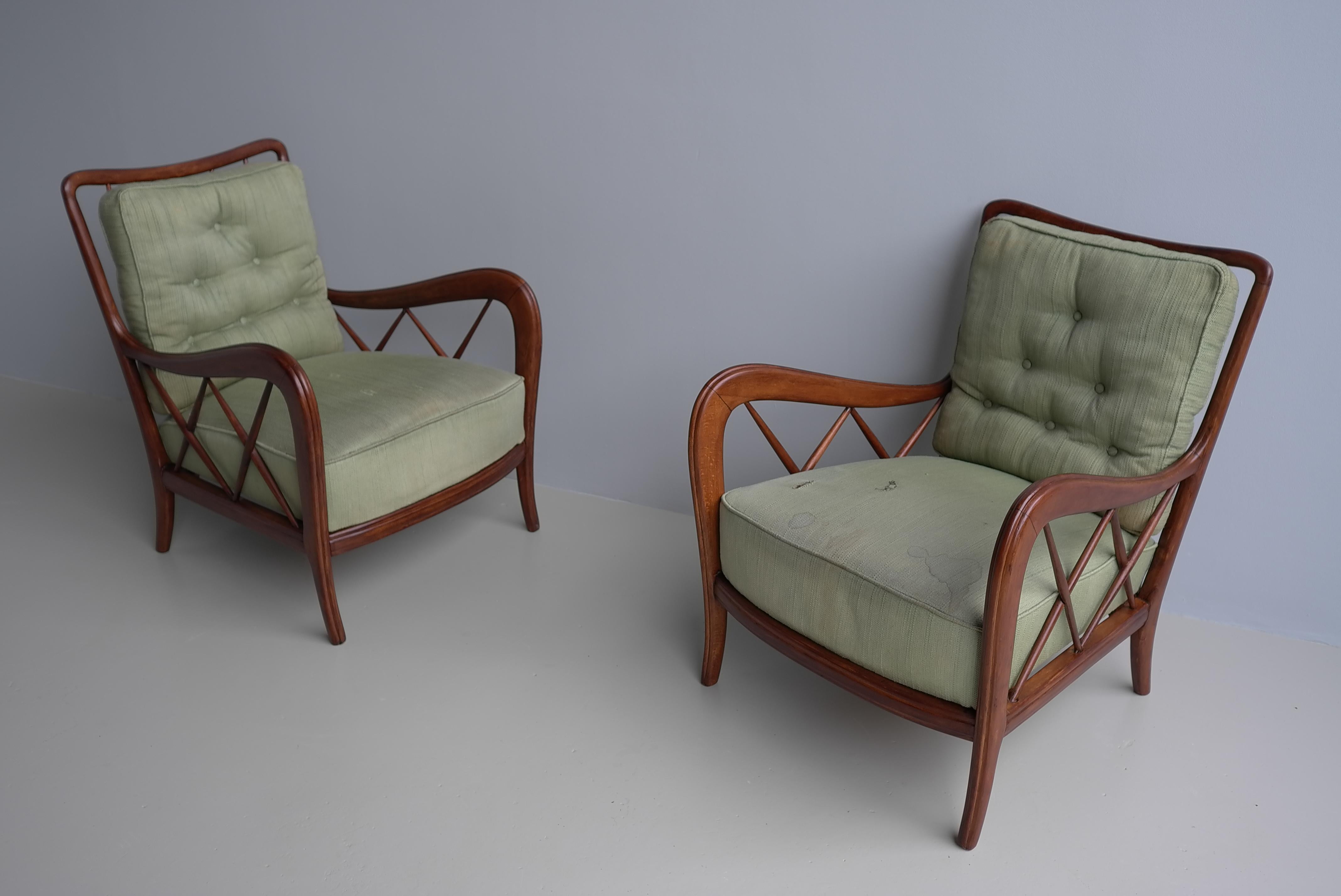 Walnut Wooden Lounge Chairs attr Paolo Buffa, Milan Italy 1940's For Sale 12