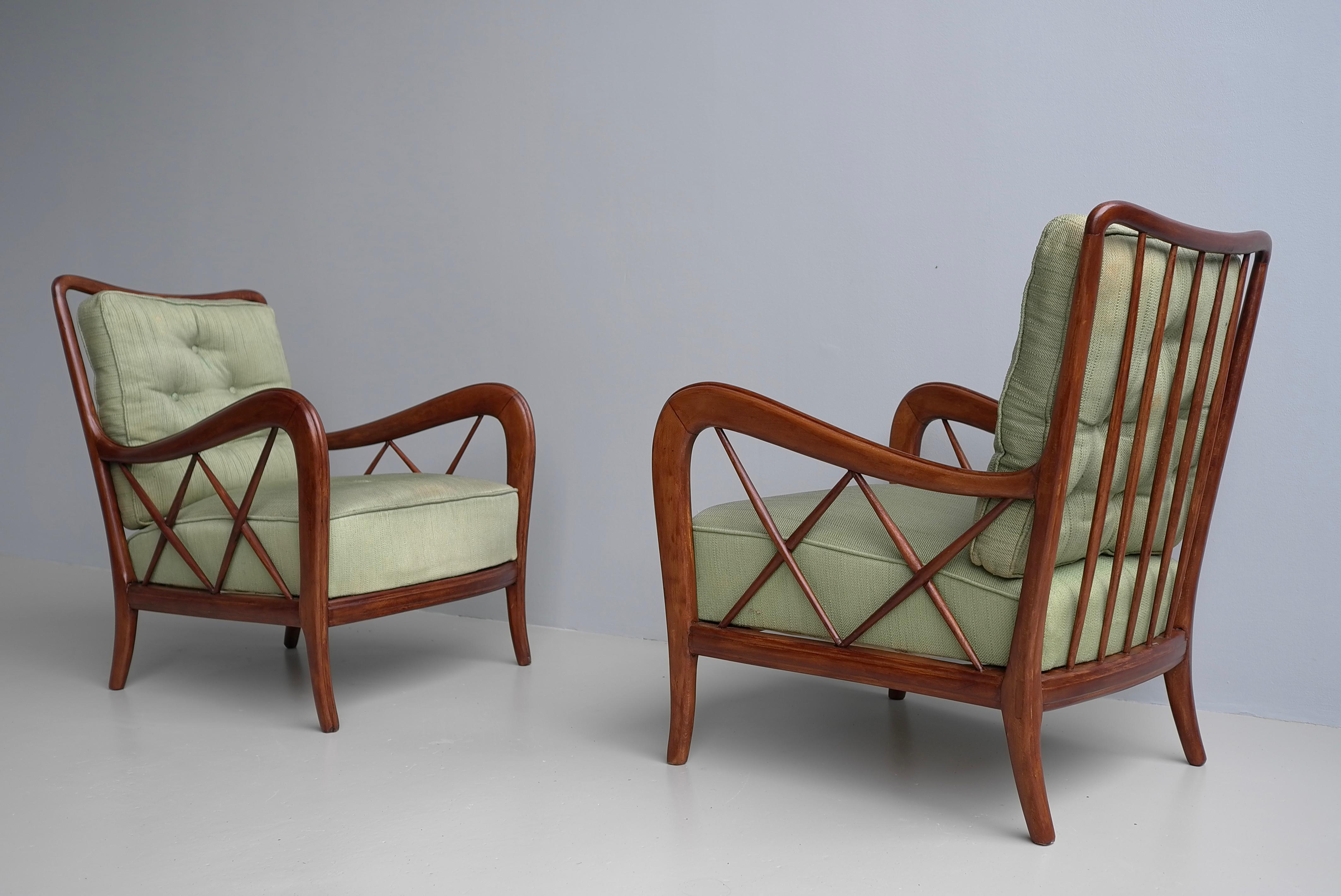 Mid-Century Modern Walnut Wooden Lounge Chairs attr Paolo Buffa, Milan Italy 1940's For Sale