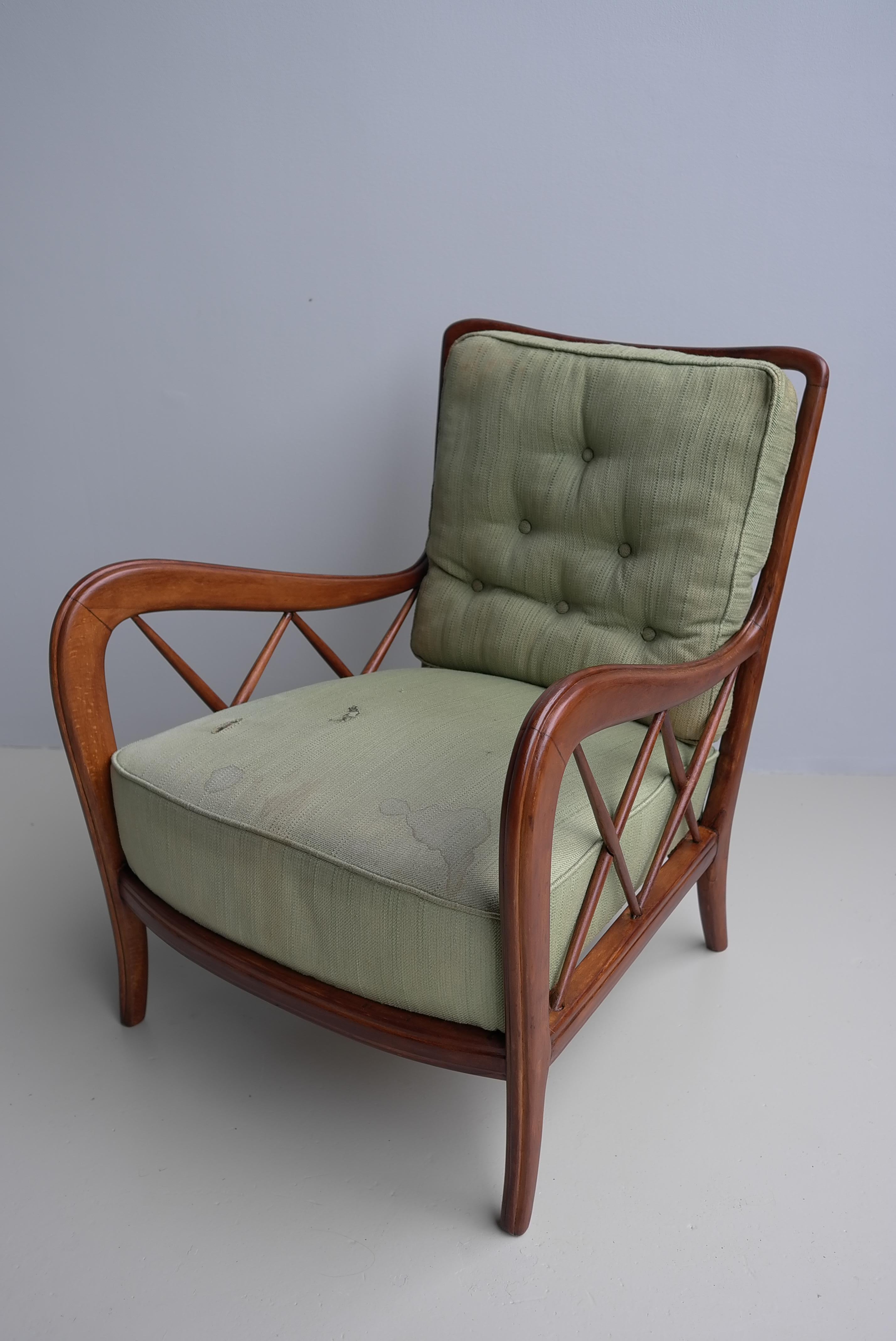 Fabric Walnut Wooden Lounge Chairs attr Paolo Buffa, Milan Italy 1940's For Sale