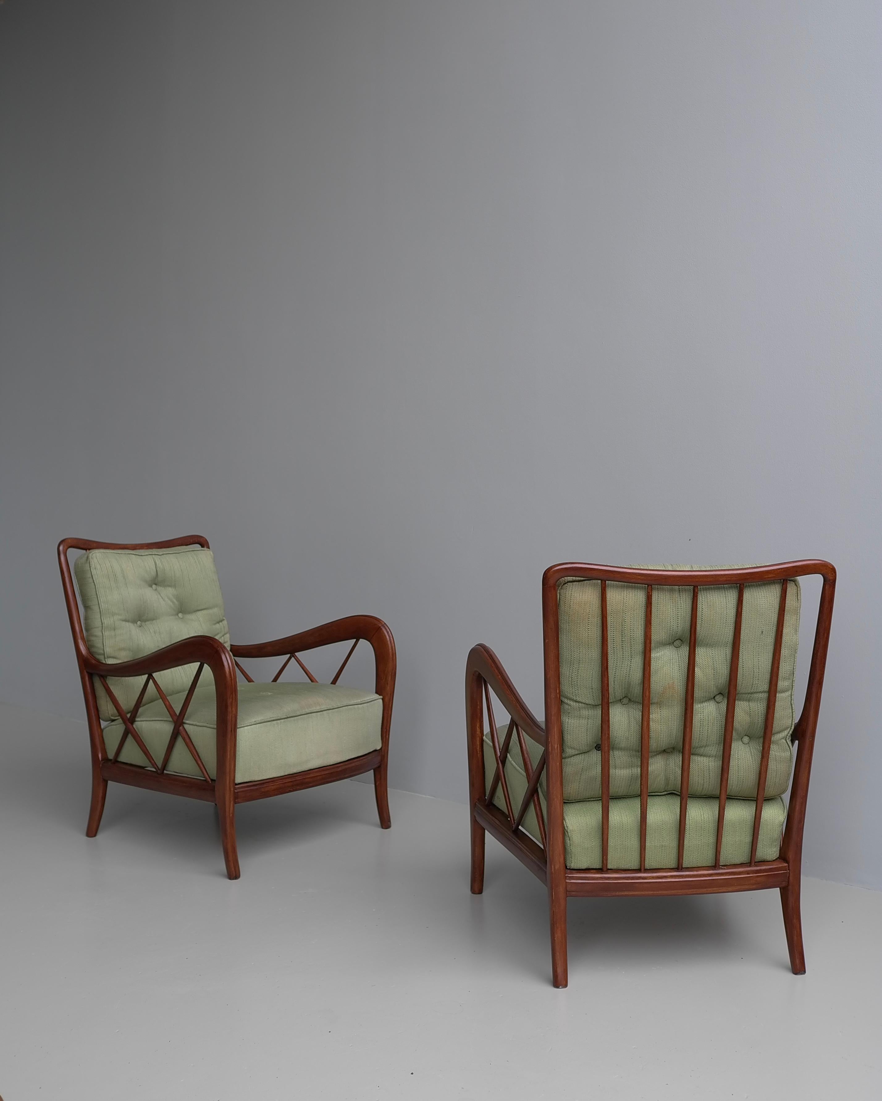 Walnut Wooden Lounge Chairs attr Paolo Buffa, Milan Italy 1940's For Sale 1