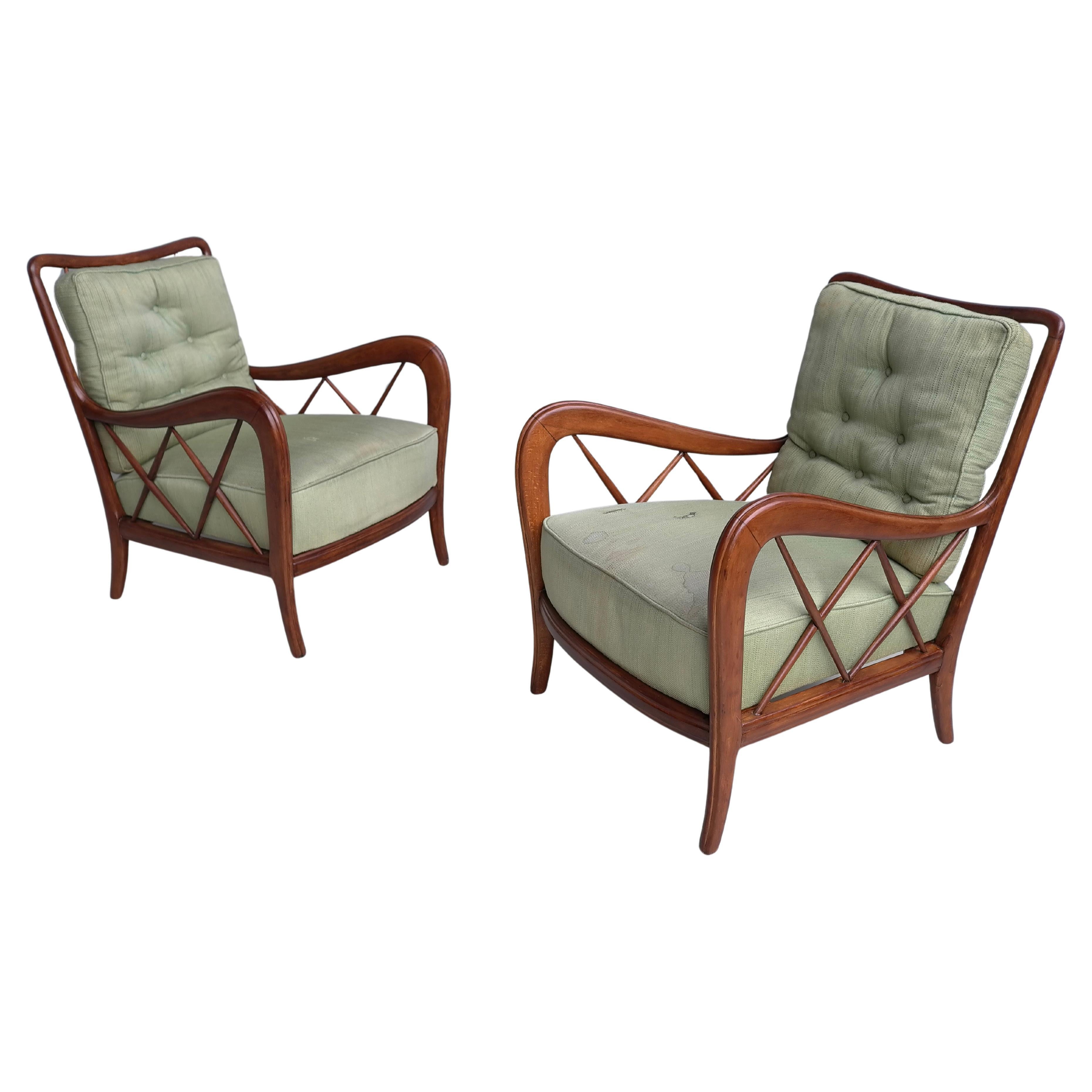 Walnut Wooden Lounge Chairs attr Paolo Buffa, Milan Italy 1940's For Sale