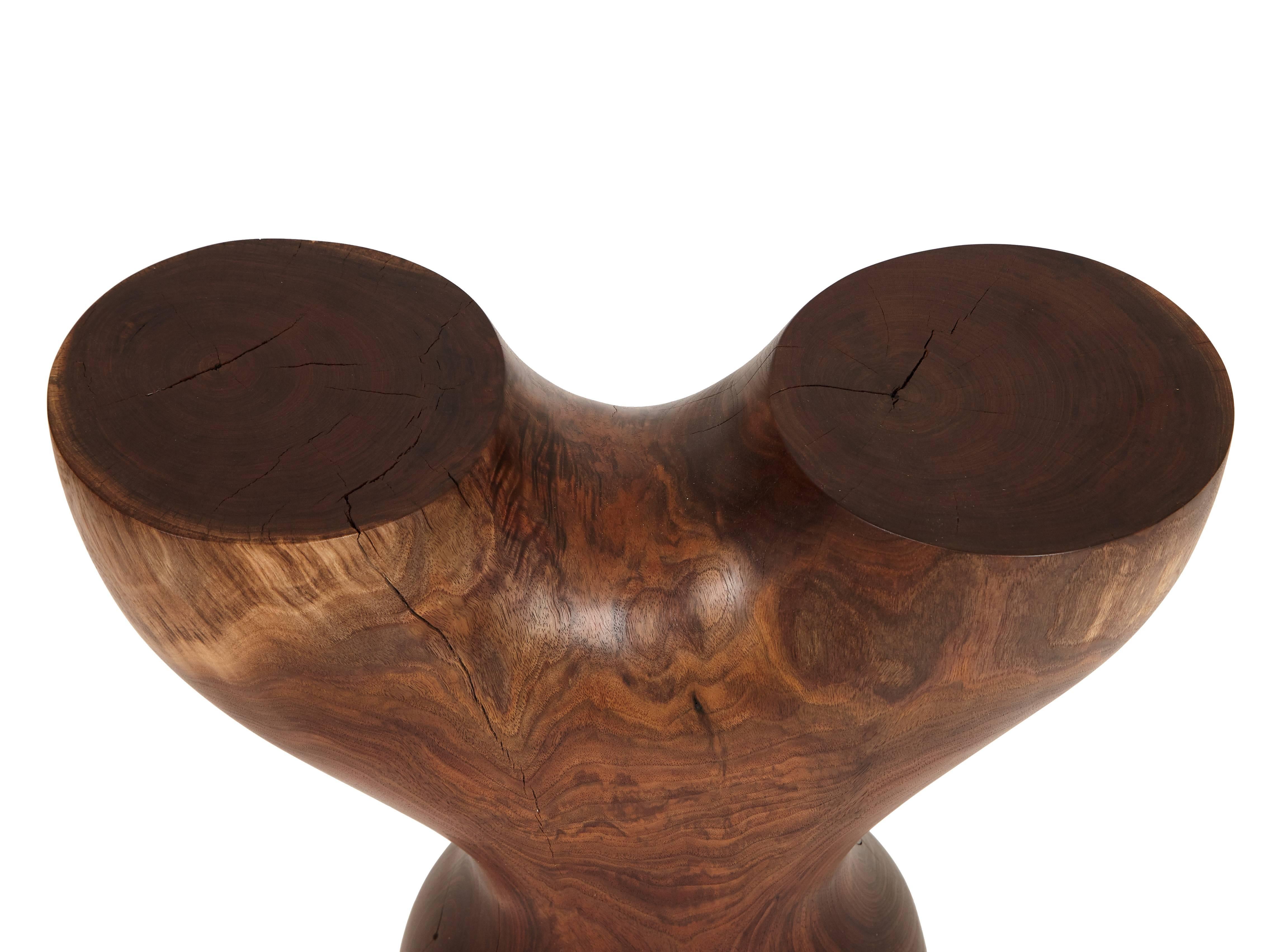 Walnut Y Stool by Caleb Woodard from solid Walnut circa 2017. Hand-carved highly sculpted organic form kiln dried to control splitting over time finished with a white oil hand rubbed finish.