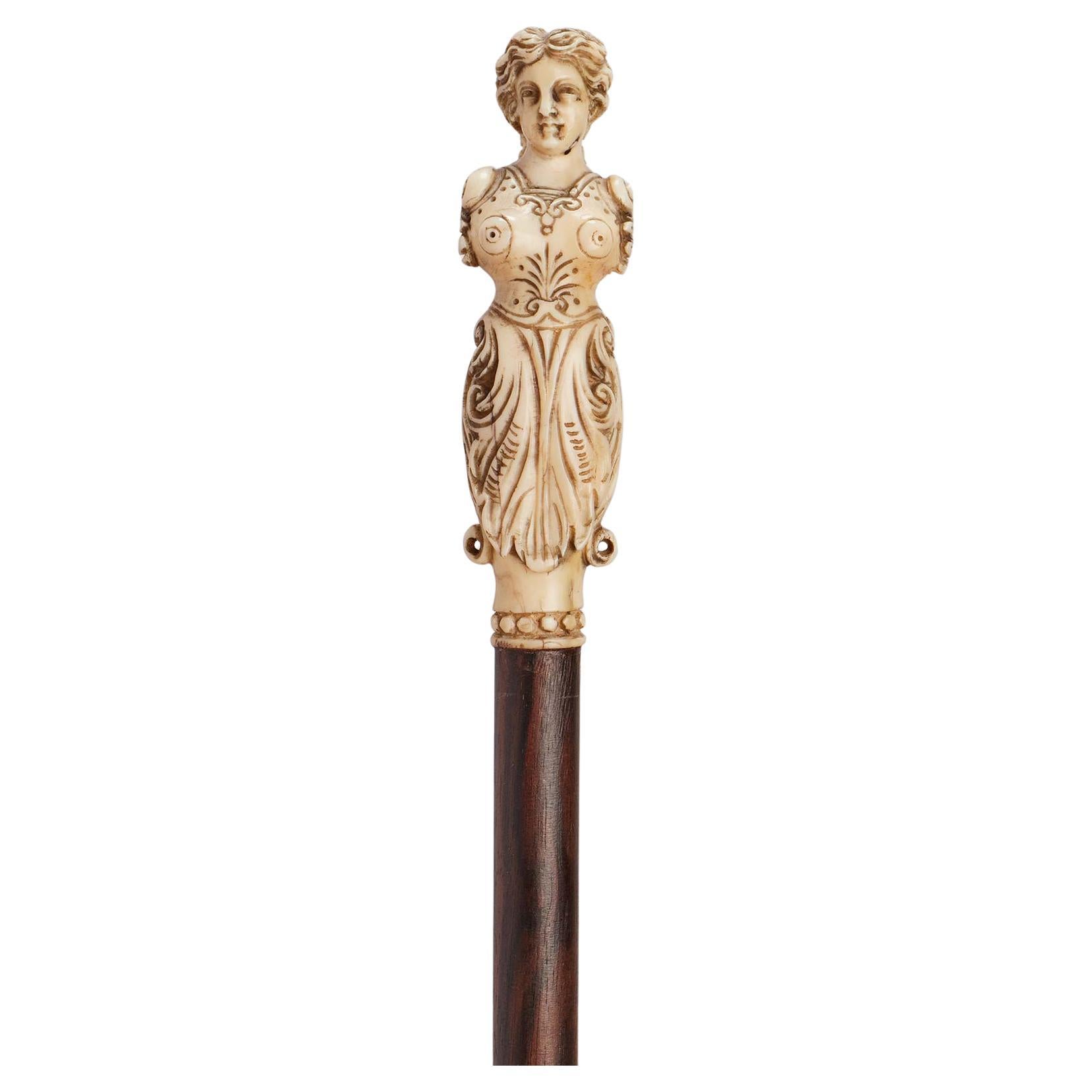 Walrus ivory handle walking stick depicting a figurehead, France 1780.