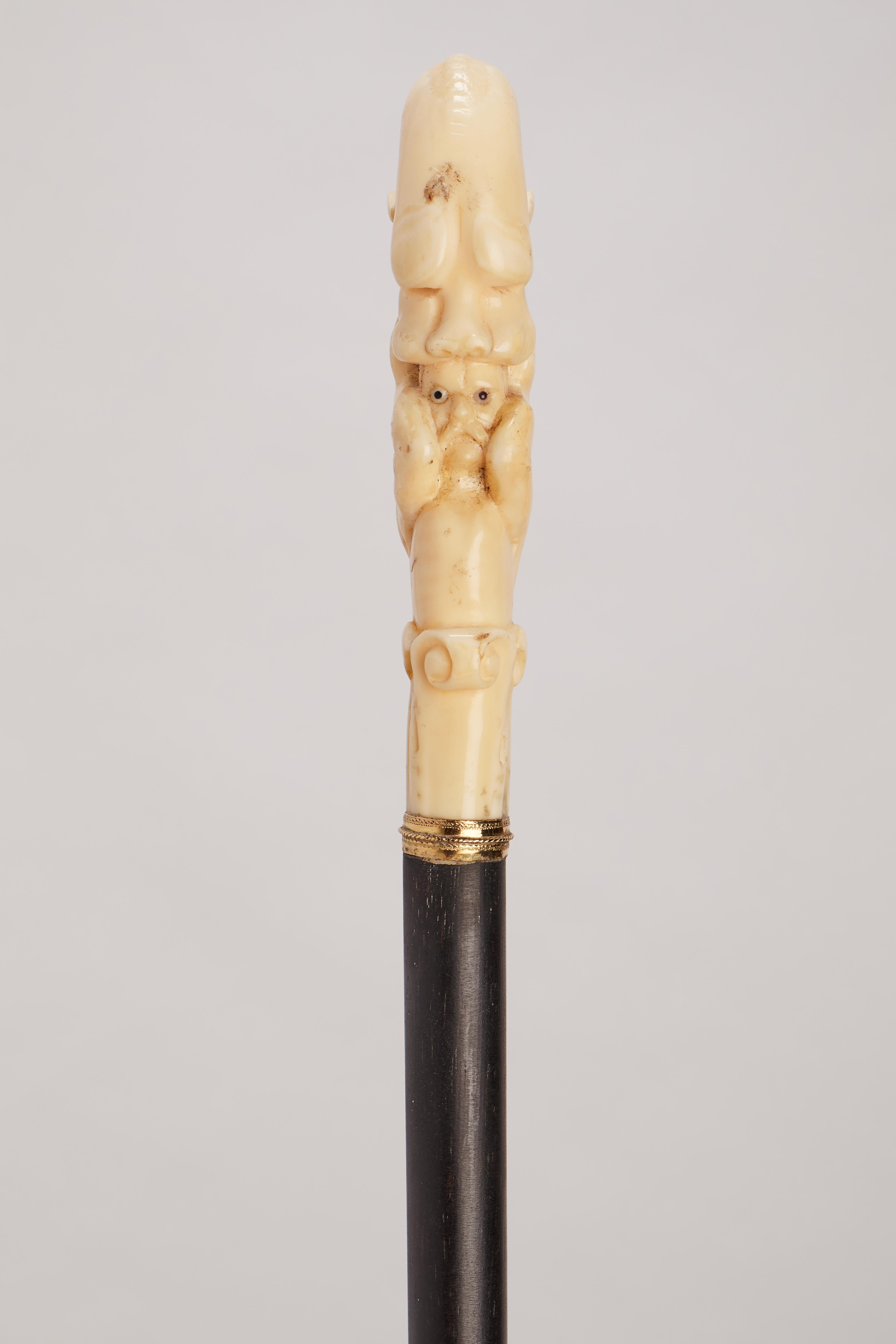 Bastón con mango de marfil de morsa que representa a Jonás y la ballena, Alemania 1860. en Bueno estado para la venta en Milan, IT