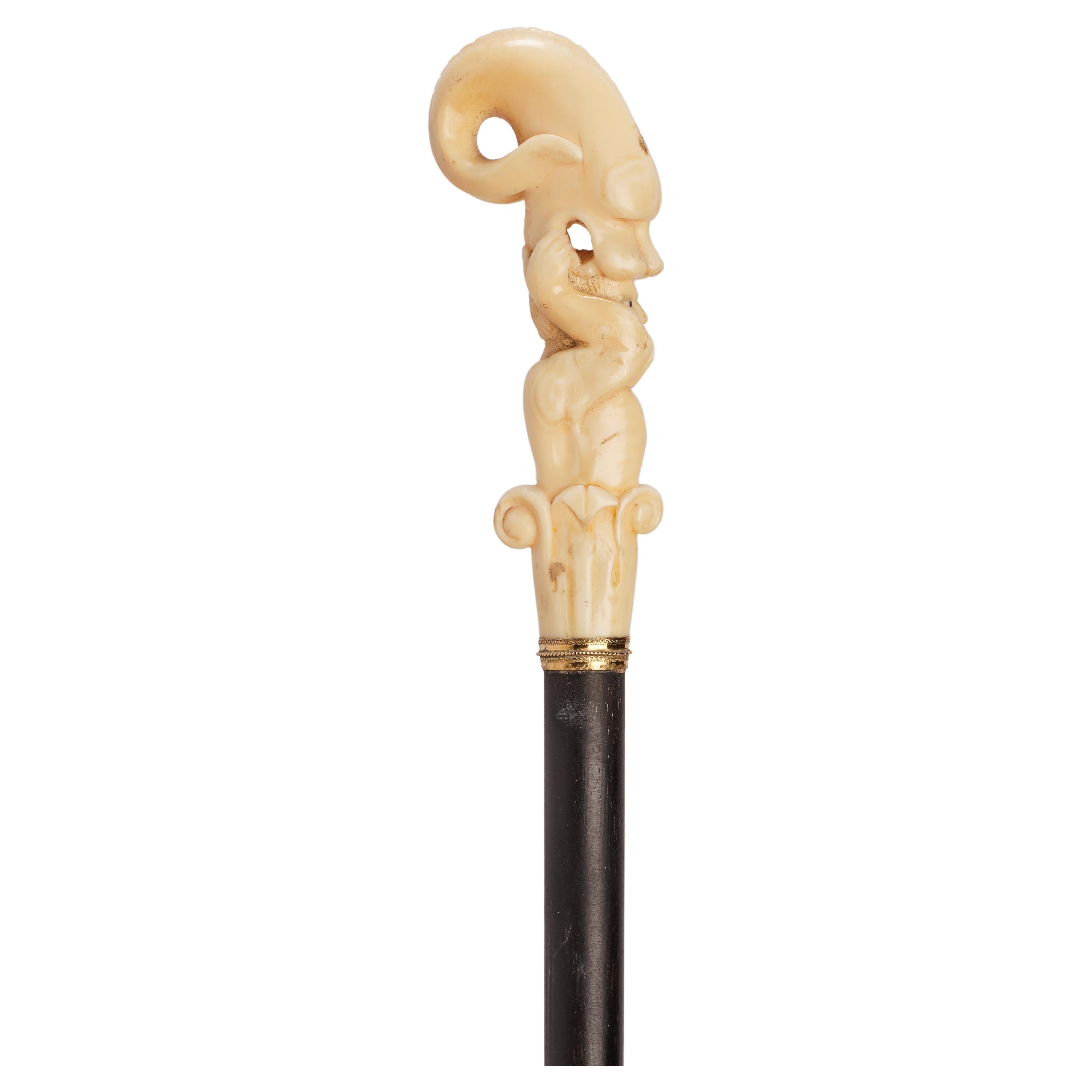 Walrus ivory handle walking stick depicts Jonah and the whale, Germany 1860.