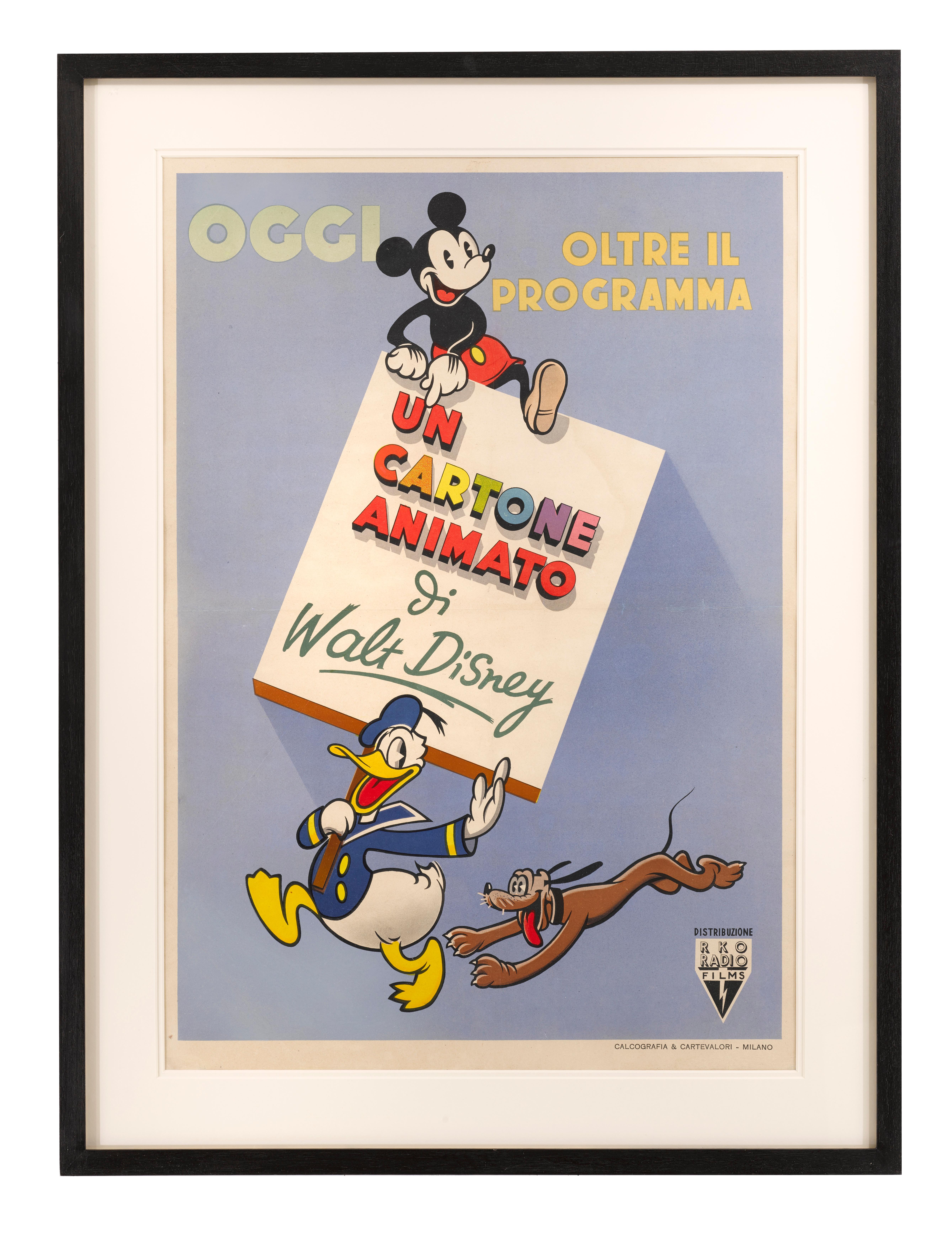 Original Italian film poster for Walt Disney Animations / Un Cartone Animato. This rare animation poster was designed to advertise Walt Disney shorts. In Italy posters were not produced for every short cartoon, and this stock poster would allow the