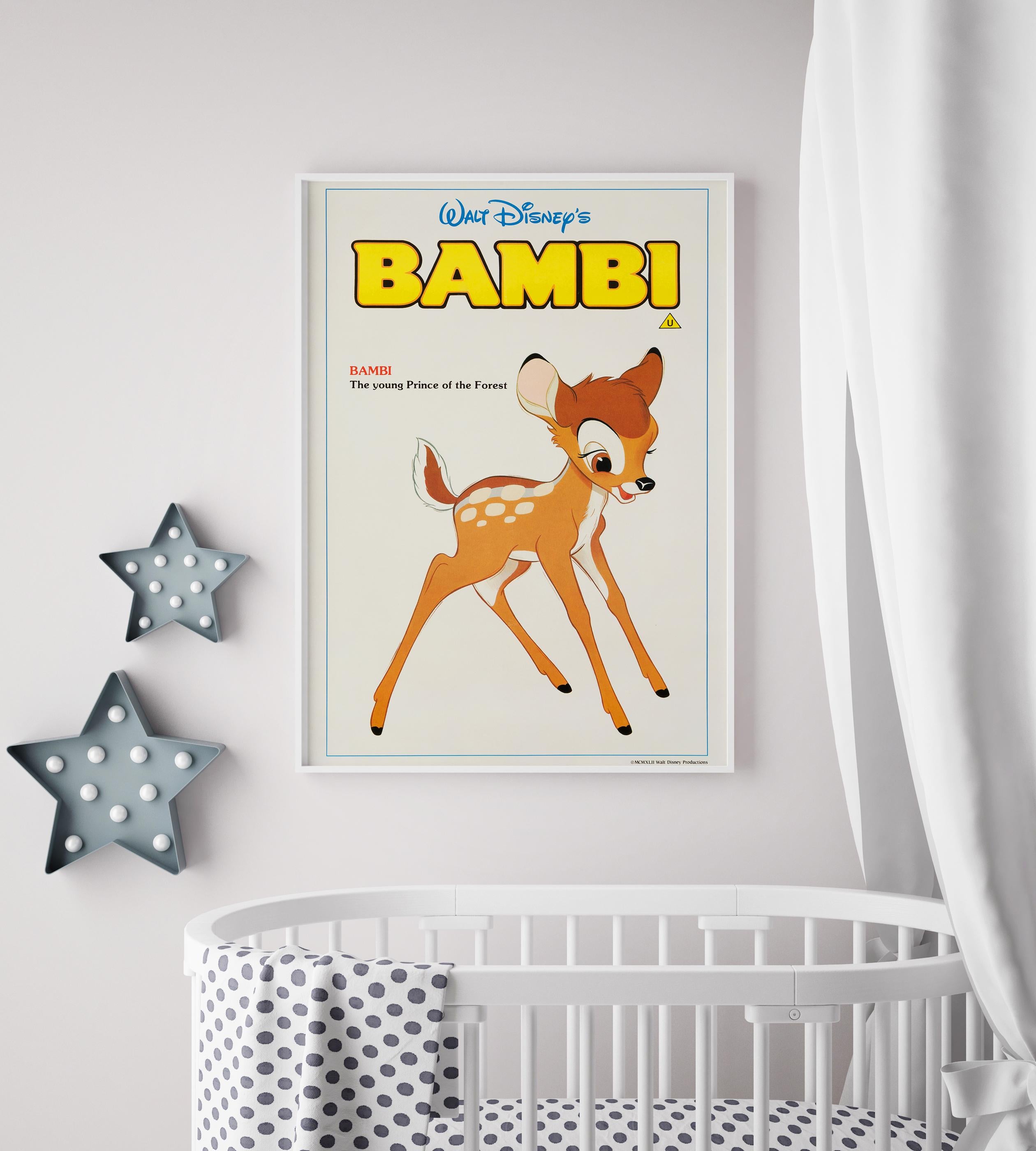 A sweet and surprisingly rare British Double Crown character poster for a 1980s re-release of the beloved Walt Disney Classic 'Bambi.' First released in 1942, the touching tale of a young fawn destined to be Prince of the Forest was the fifth