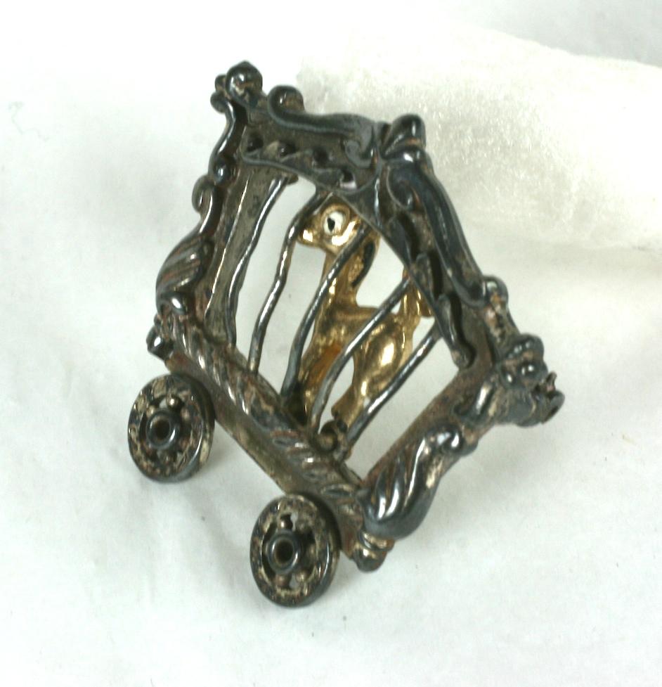 Charming Collectible Walt Disney Productions Bambi? Brooch.  A gilt metal and enameled deer is caught in a silver toned circus carriage on wheels (which rotate). 2