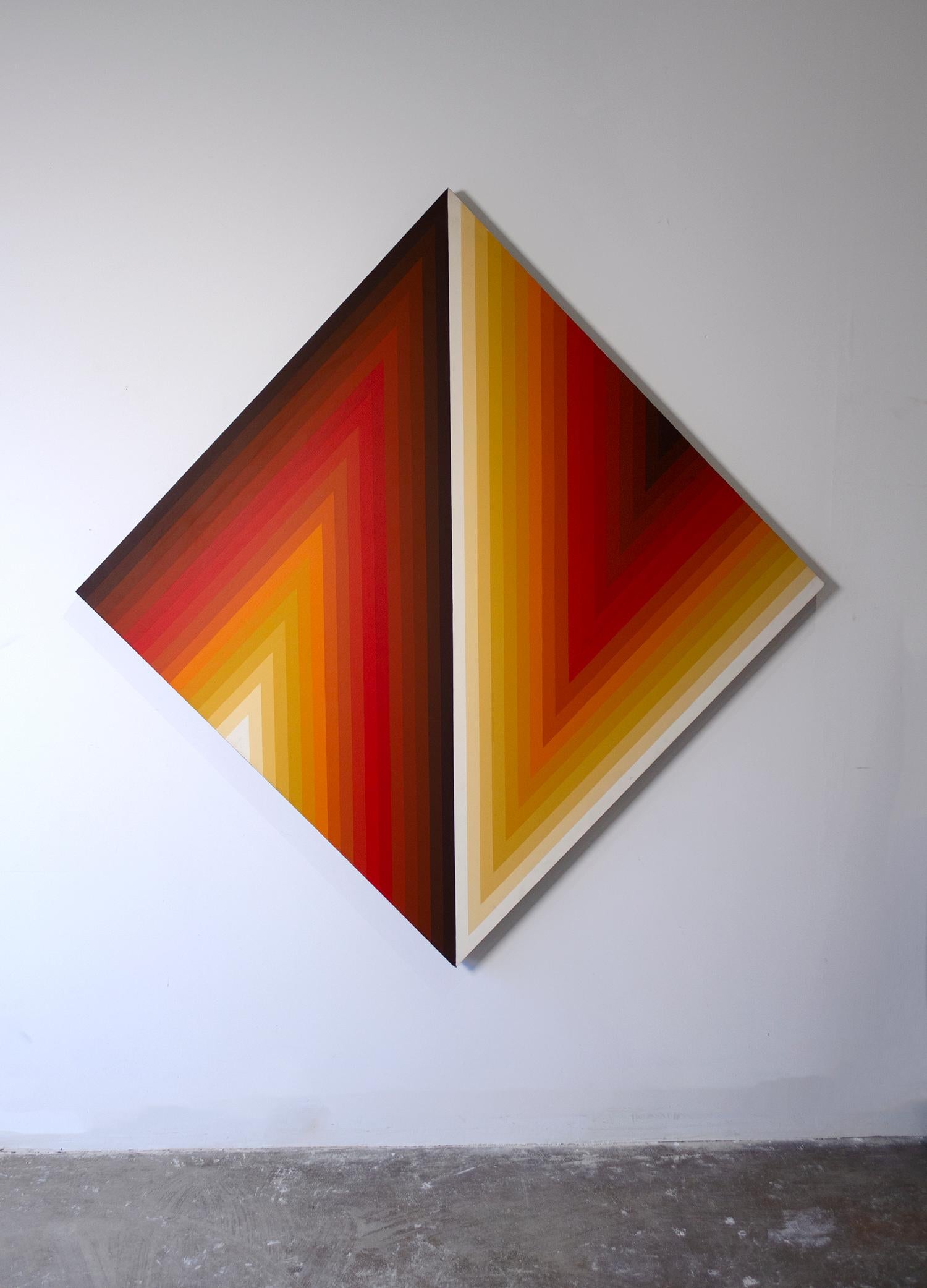 This painting was commissioned by a prominent modernist family in Connecticut by hard-edge painter Walt Hines in the early 1970s. Designed to hang on the diamond as shown but could be made to hang perpendicular.