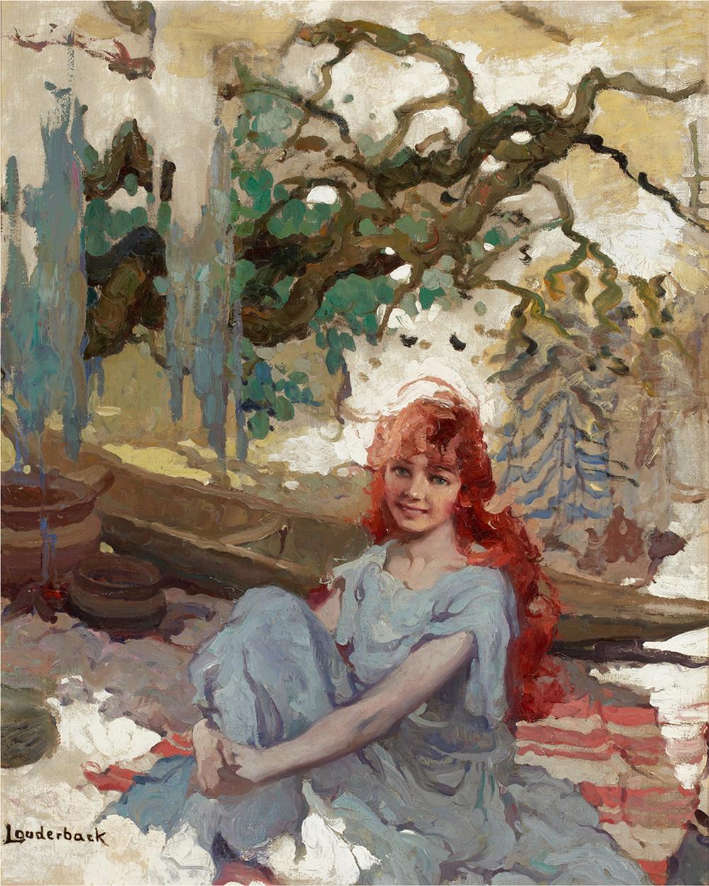 Walt Louderback Landscape Painting - Girl with canoe  painted in  Arts and Crafts  style