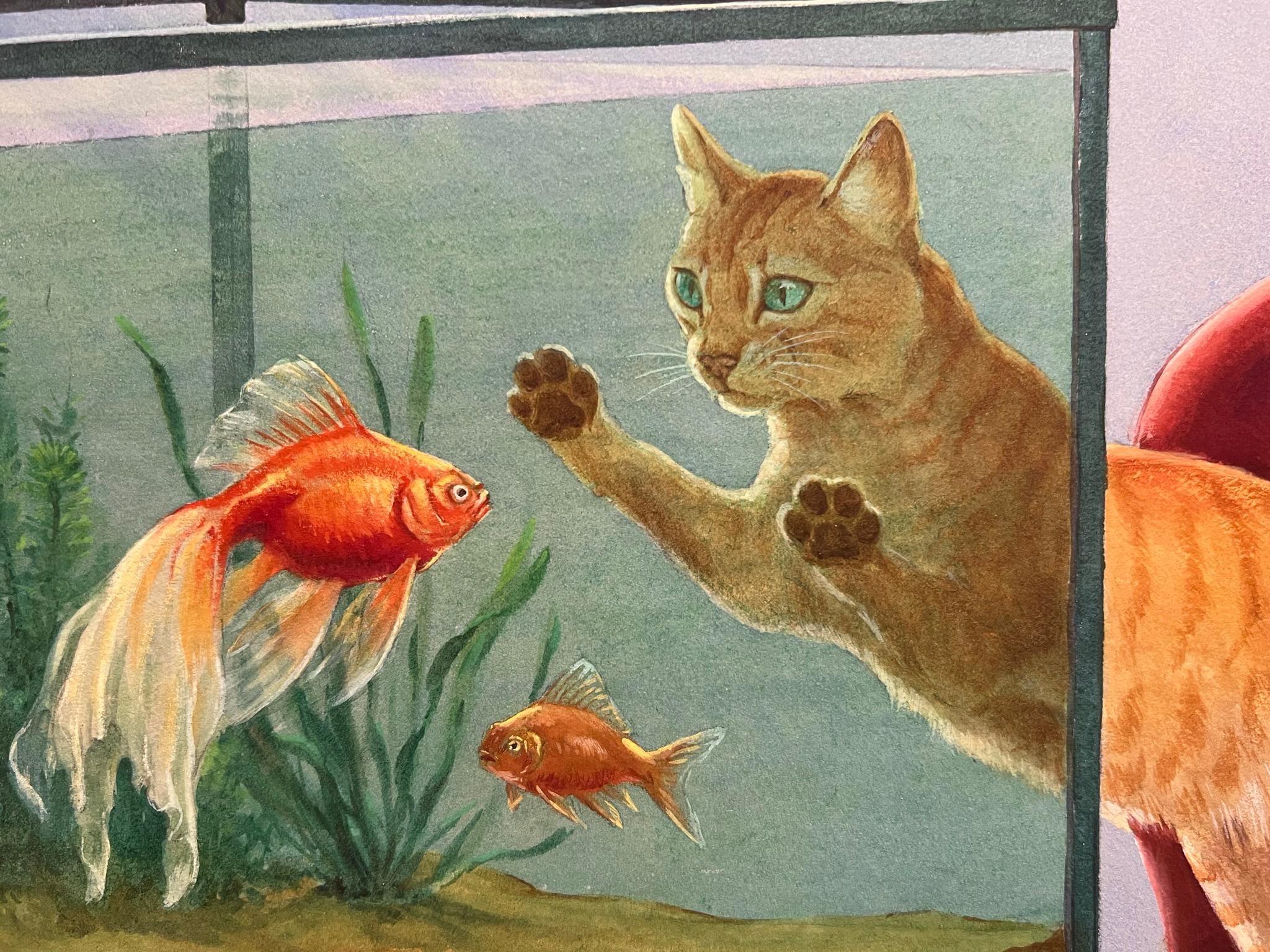 National Geographic Artist CAT W/ FISH TANK - Painting by Walter A. Webber