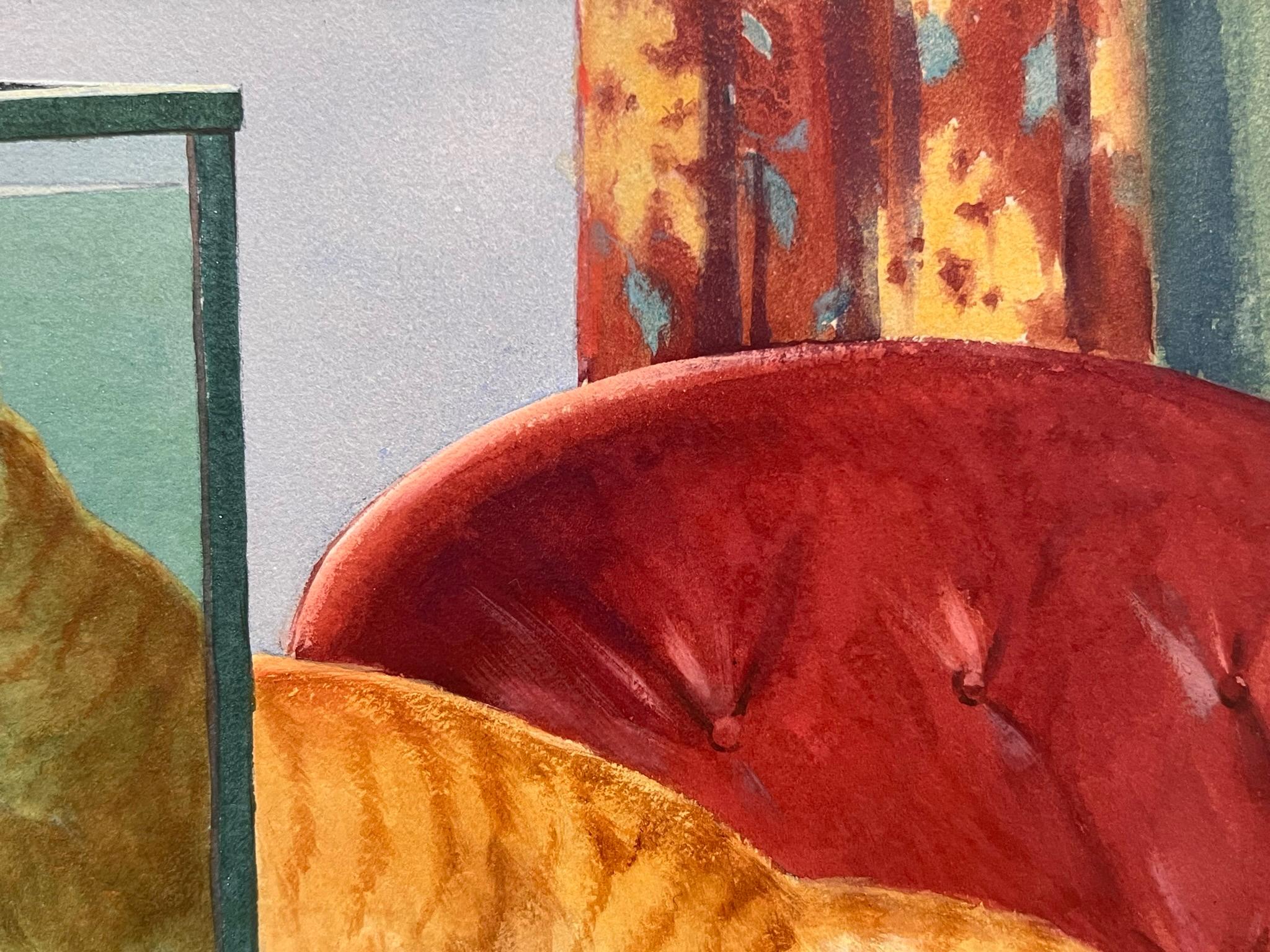 Nous avons une superbe peinture d'intérieur à vendre qui représente un chat orange effronté se frottant à la vitre d'un aquarium. Cette image témoigne de l'habileté de l'artiste à représenter les animaux avec beaucoup de couleurs et de profondeur.