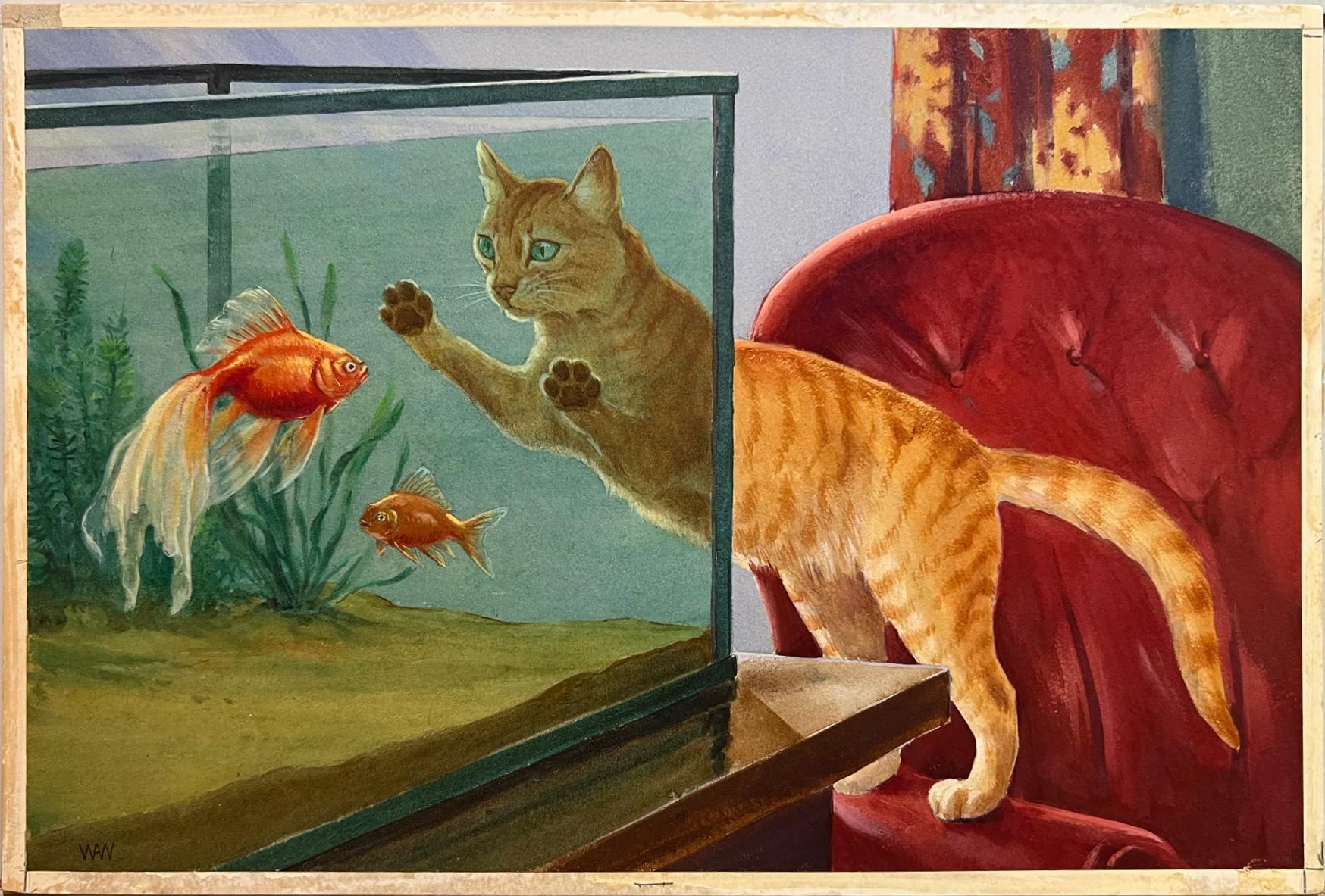 Walter A. Webber Animal Painting - National Geographic Artist CAT W/ FISH TANK