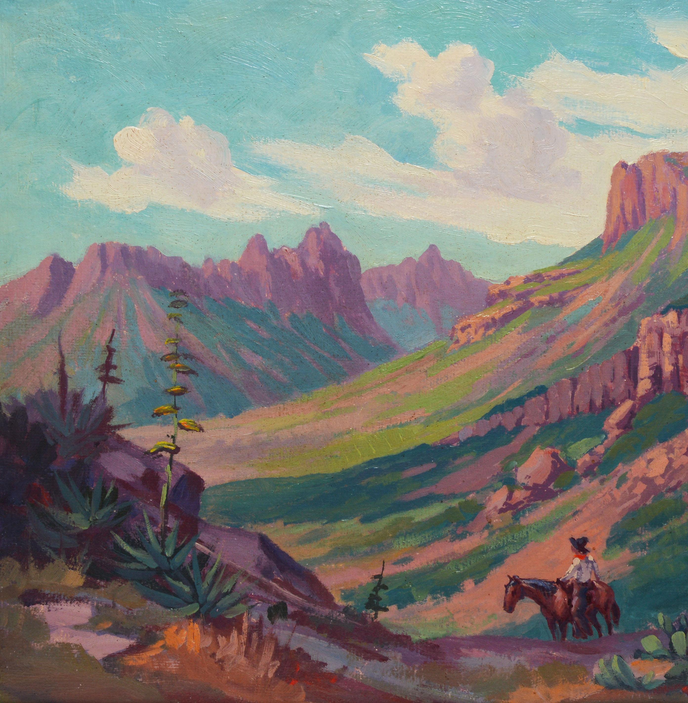 Impressionist Western landscape with figures on horseback by Walter Weber  (1906 - 1979).  Oil on board, circa 1925.  Signed lower right.  Displayed in a giltwood frame.  Image size, 18