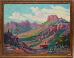 Antique American Impressionist Western Landscape Painting Figure on Horseback