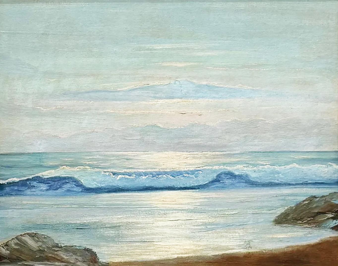 Dipinto a olio impressionista americano con paesaggio marino.  Incorniciato.  Olio su tavola di tela.  Firmato sul retro.  Dimensioni dell'immagine, 16H per 20L.